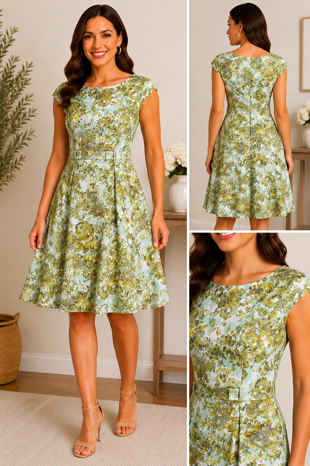 Connected Apparel Women’s Size 8 Green Floral Fit & Flare Cap Sleeve Dress
