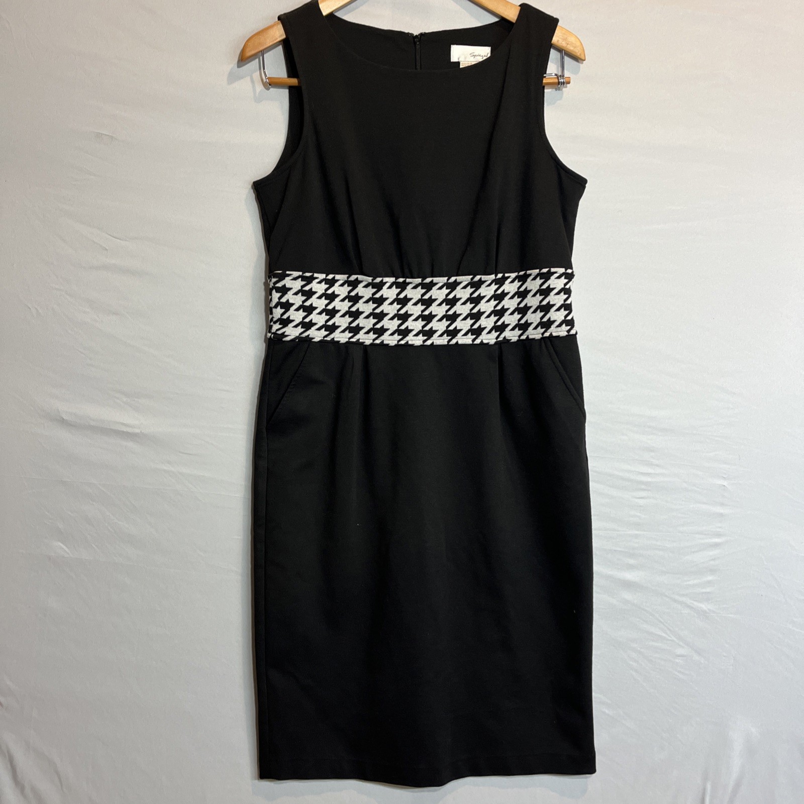 Spiegel Sleeveless Sheath Dress Houndstooth 10 Pockets Cocktail Party Black 40″