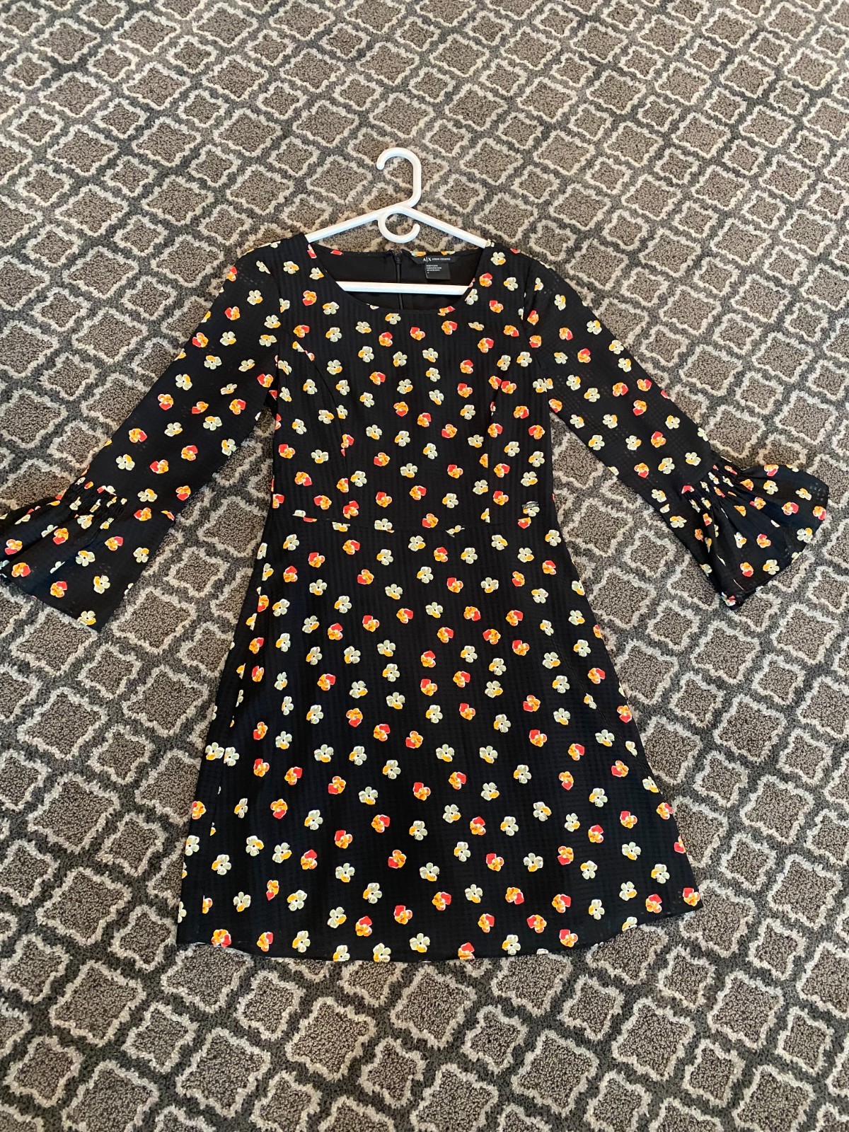 Armani Exchange Black Floral Dress Size 2 Lined 3/4 Ruffle Sleeve Above Knee