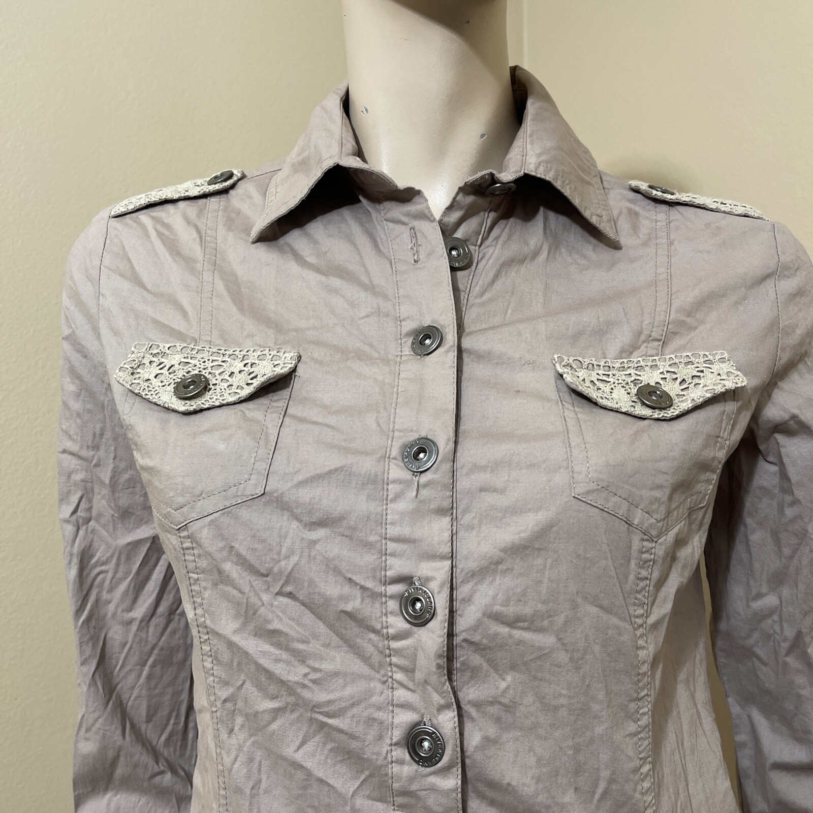 Women’s Beige Cotton Casual Collared Belted Lace Pickets Size S Button-up Dress