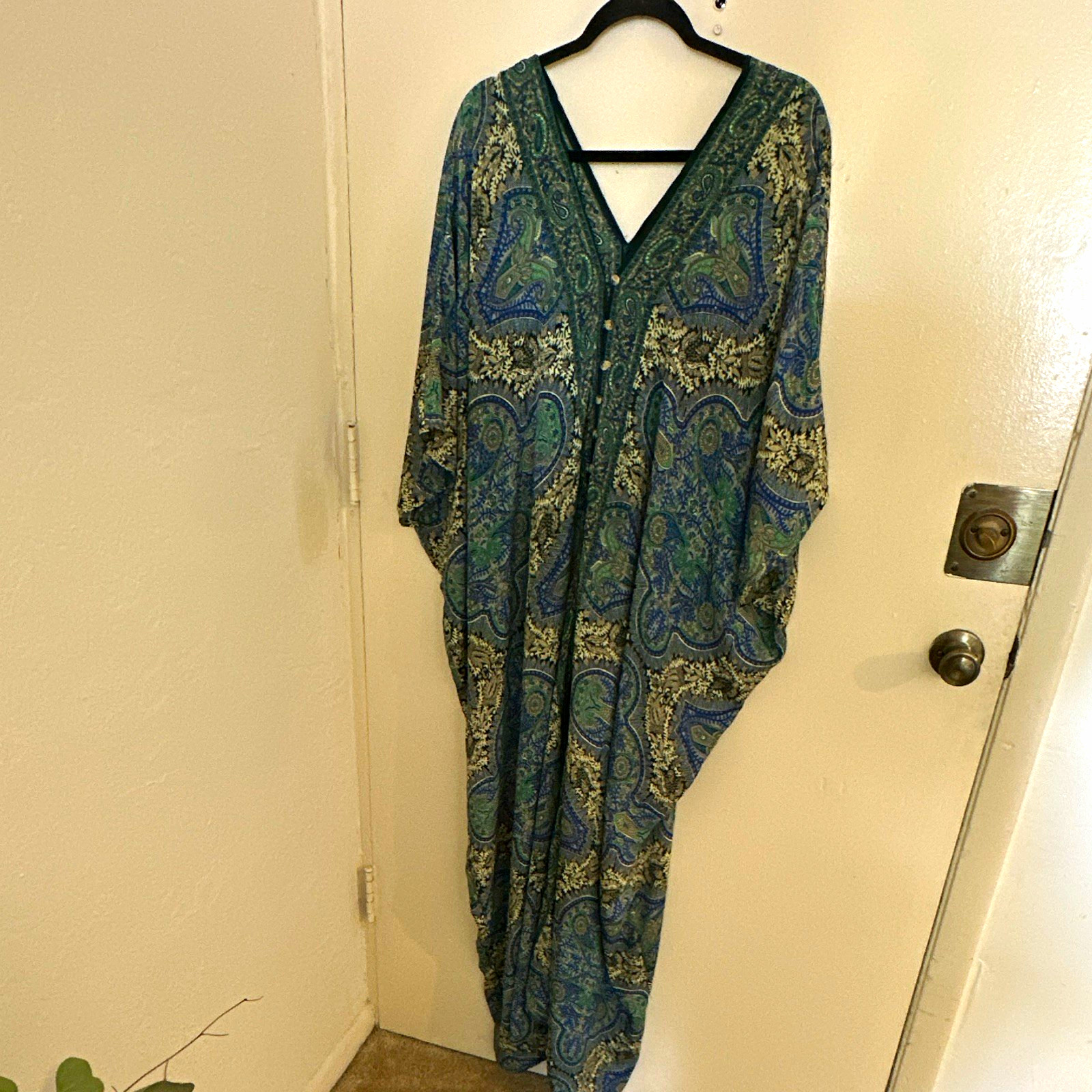 Swarna Silk Viscose Chiffon Paisley Blue Green V-Neck Long Kaftan One Size