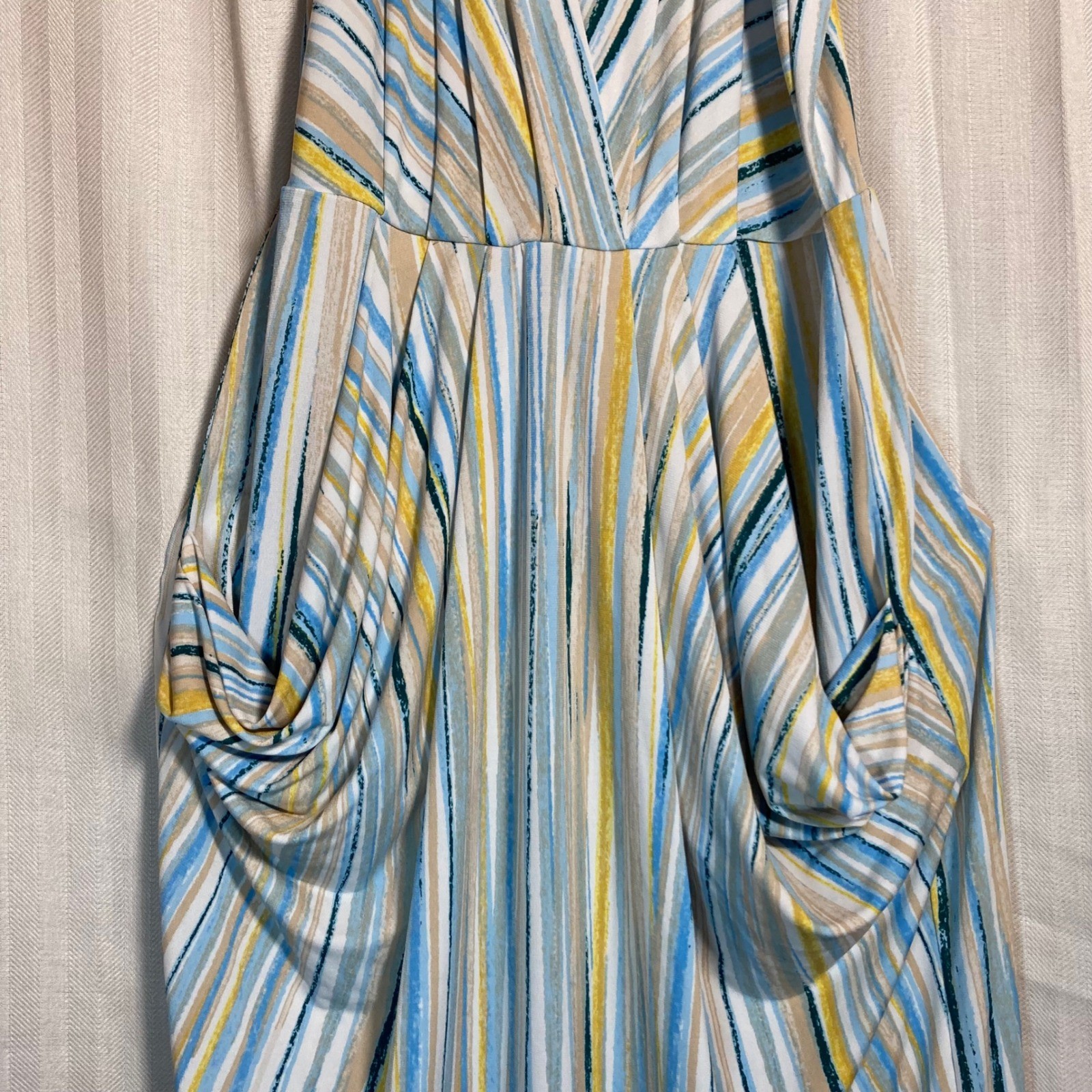 BCBGeneration Blue Yellow Striped Draped Pocket Midi Dress XS Sleeveless V-Neck