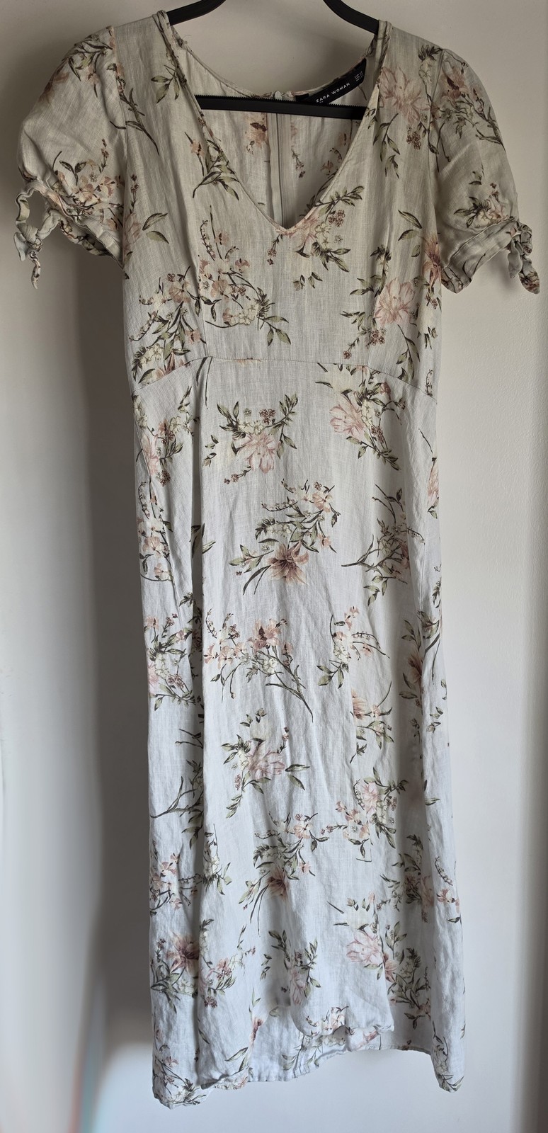 Zara Woman Floral Midi Dress XS V-Neck Short Sleeve Beige Pink Green Boho