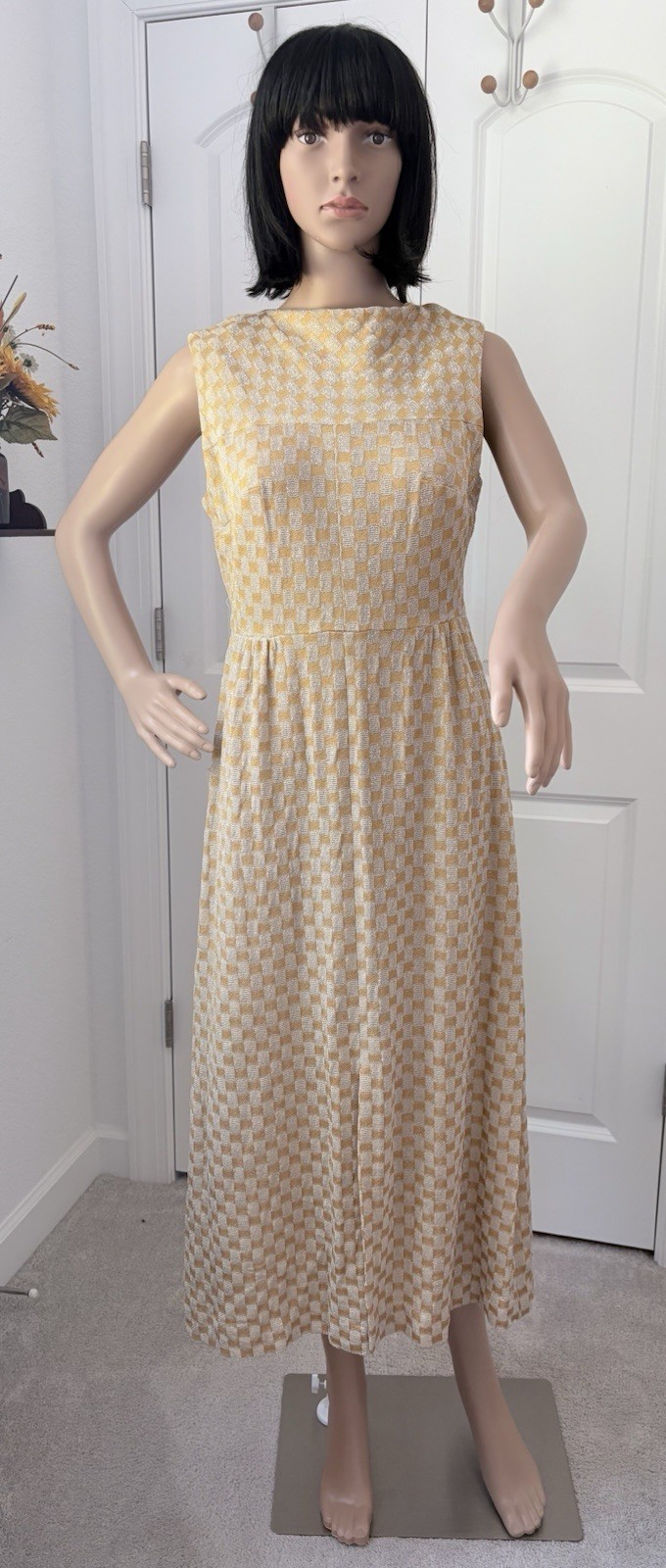 Vintage 60’s Mod Dress Maxi Metallic Gold & Silver Checker W Long Slit Sz M