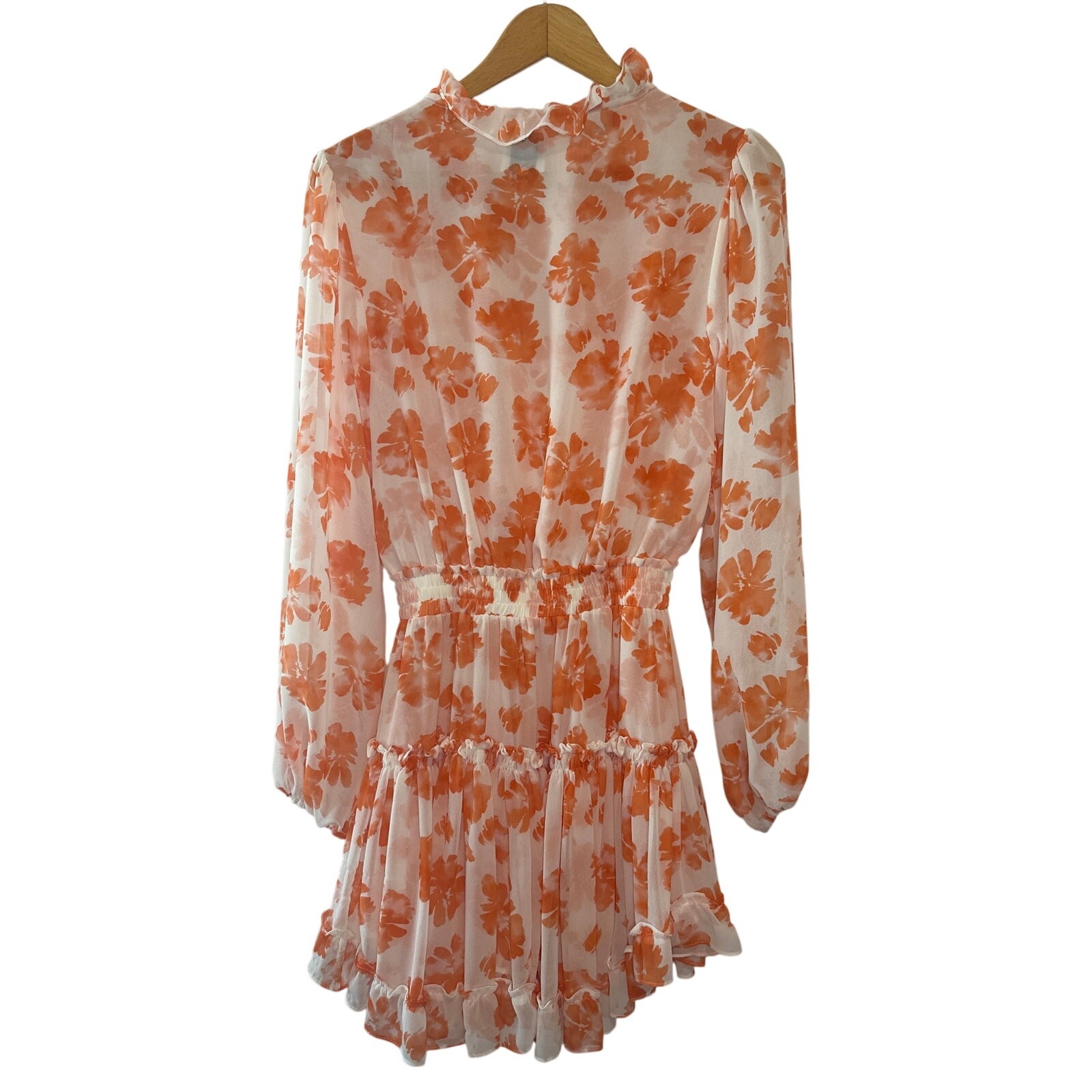 MISA Los Angeles Lorena Orange Floral Ruffle Mini Dress Long Sleeve XS
