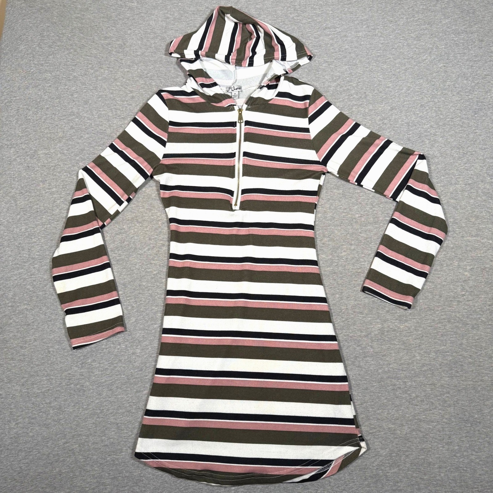 J for Justify Womens Striped Hooded Mini Dress Quarter Zip Long Sleeve Size M