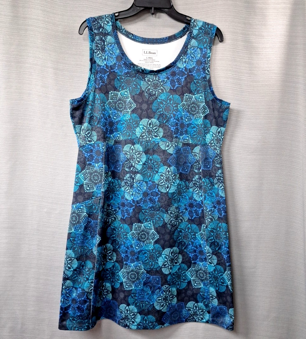 LL Bean Sleeveless Athletic Dress Stretch Blue Black Pocket Active Size L
