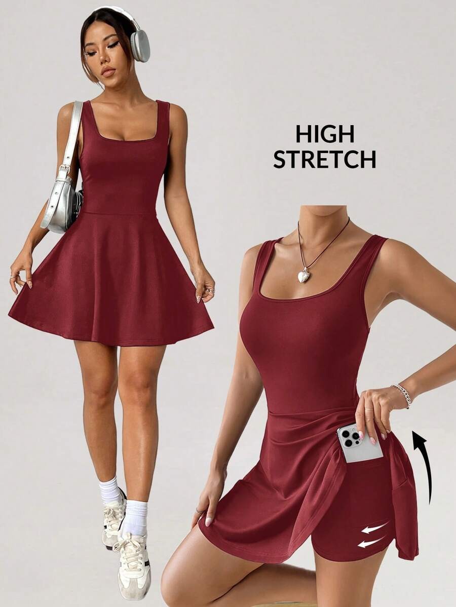 Knitted Bodycon Jumpsuit Square Neck Sleeveless Romper Flared Short Pocket