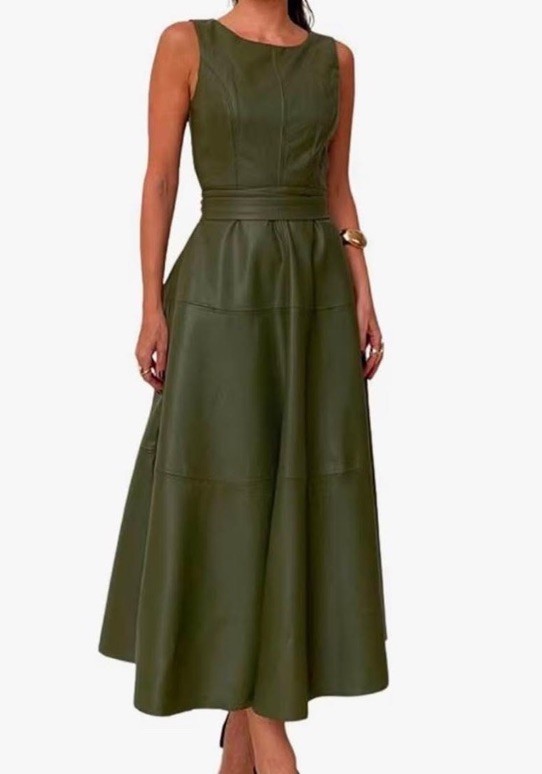Women’s PU Faux Leather Sleeveless Elegant Flowy Long Dress Green Size XL NWT