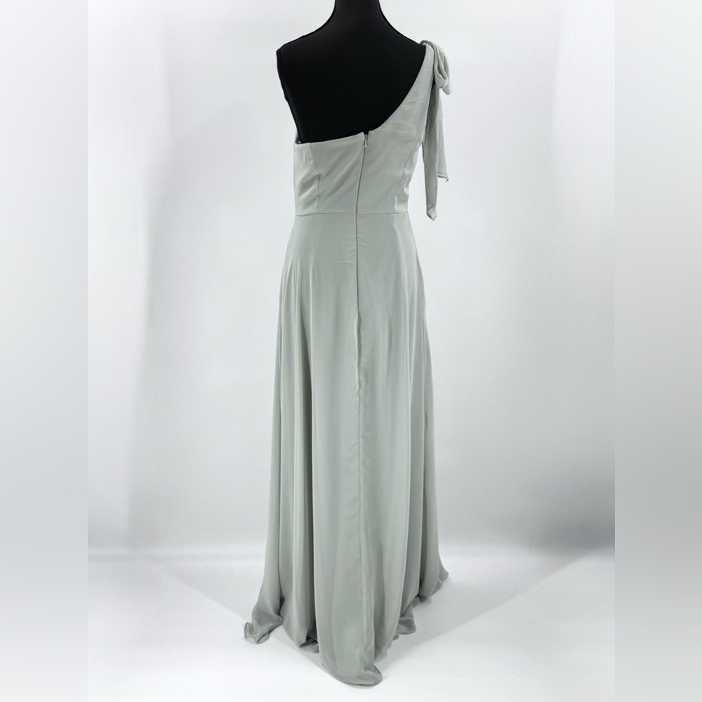After Six by Dessy Draped 1-Shoulder Maxi Dress w/Scarf Bow, Willow Green Size 2