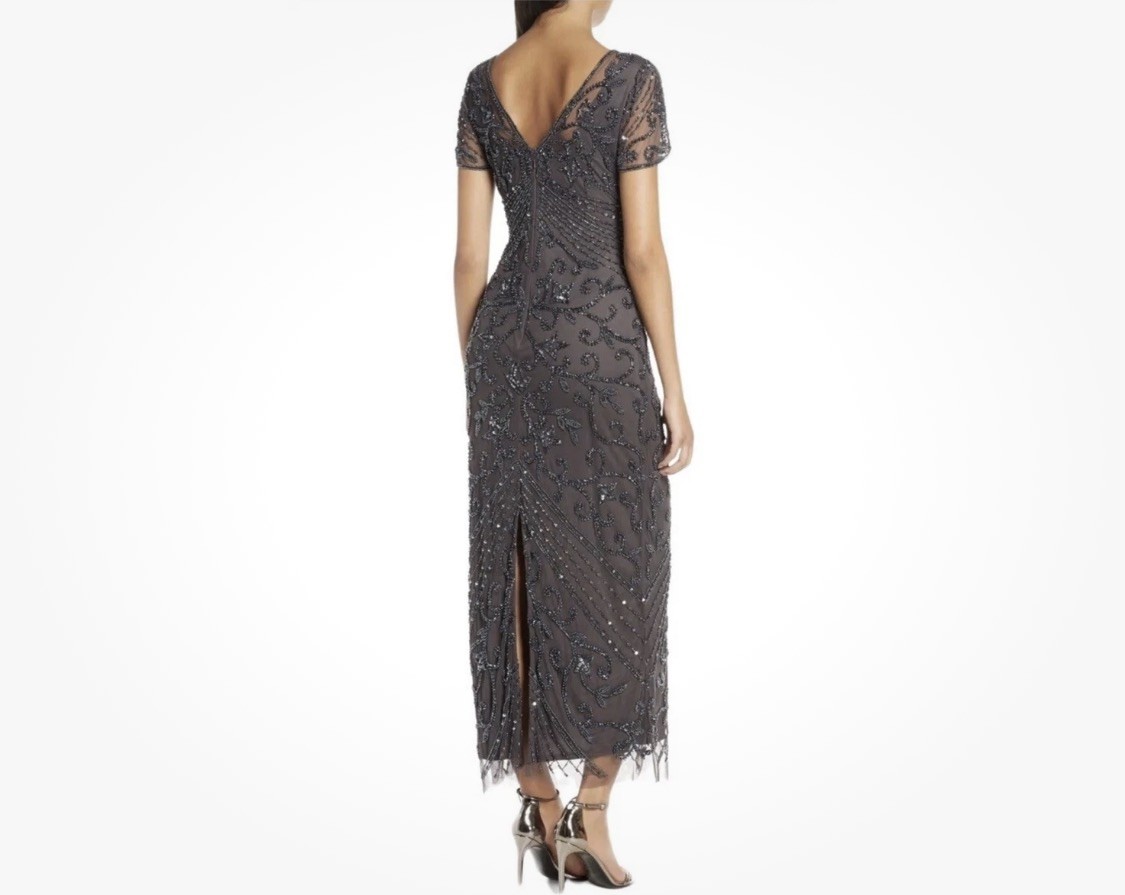 NWT Pisarro Nights Gray Embellished Illusion Neck Mesh Column Gown Size 4Petite