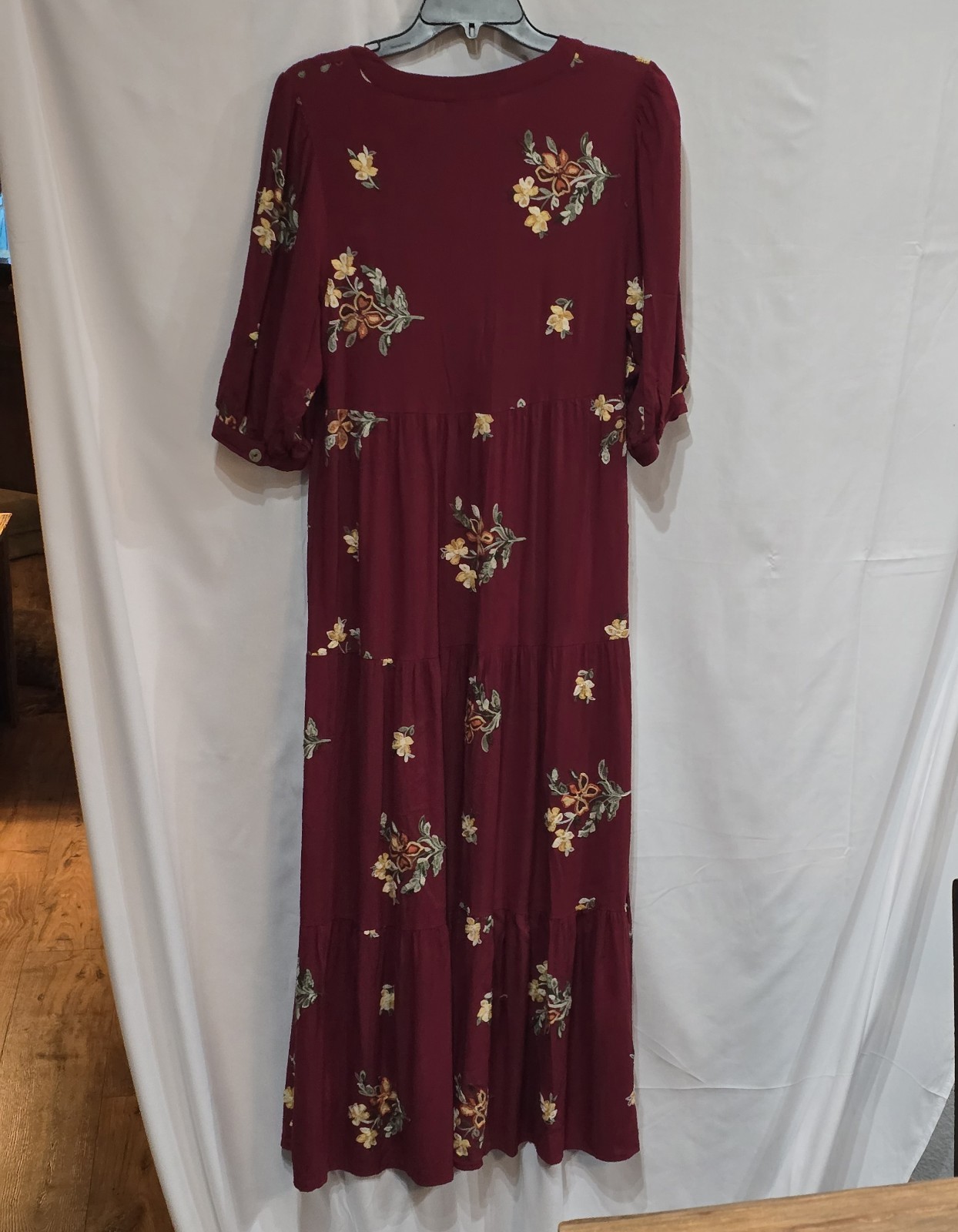 Cactus Pearl Embroidered Boho Maxi Dress in Burgundy with a Tiered Skirt S EUC