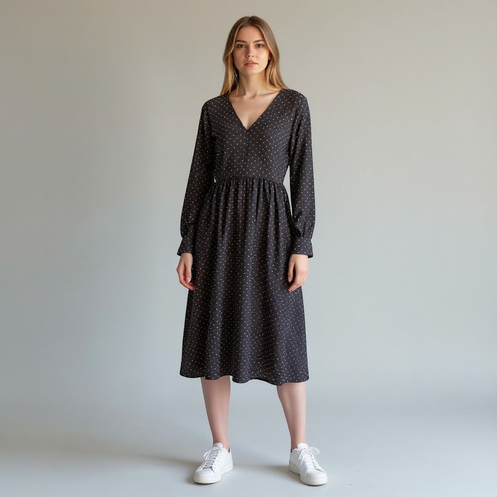 Old Navy Womens XXL Black White Polka Dot Long Sleeve Swing Dress Viscose Blend