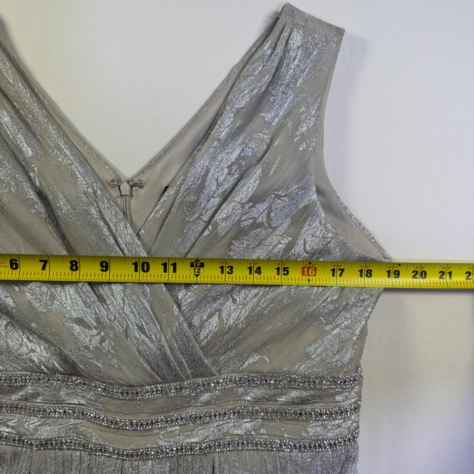 R&M Richards Silver Metallic Pleated Gown Beaded Empire Waist Formal Dress 14