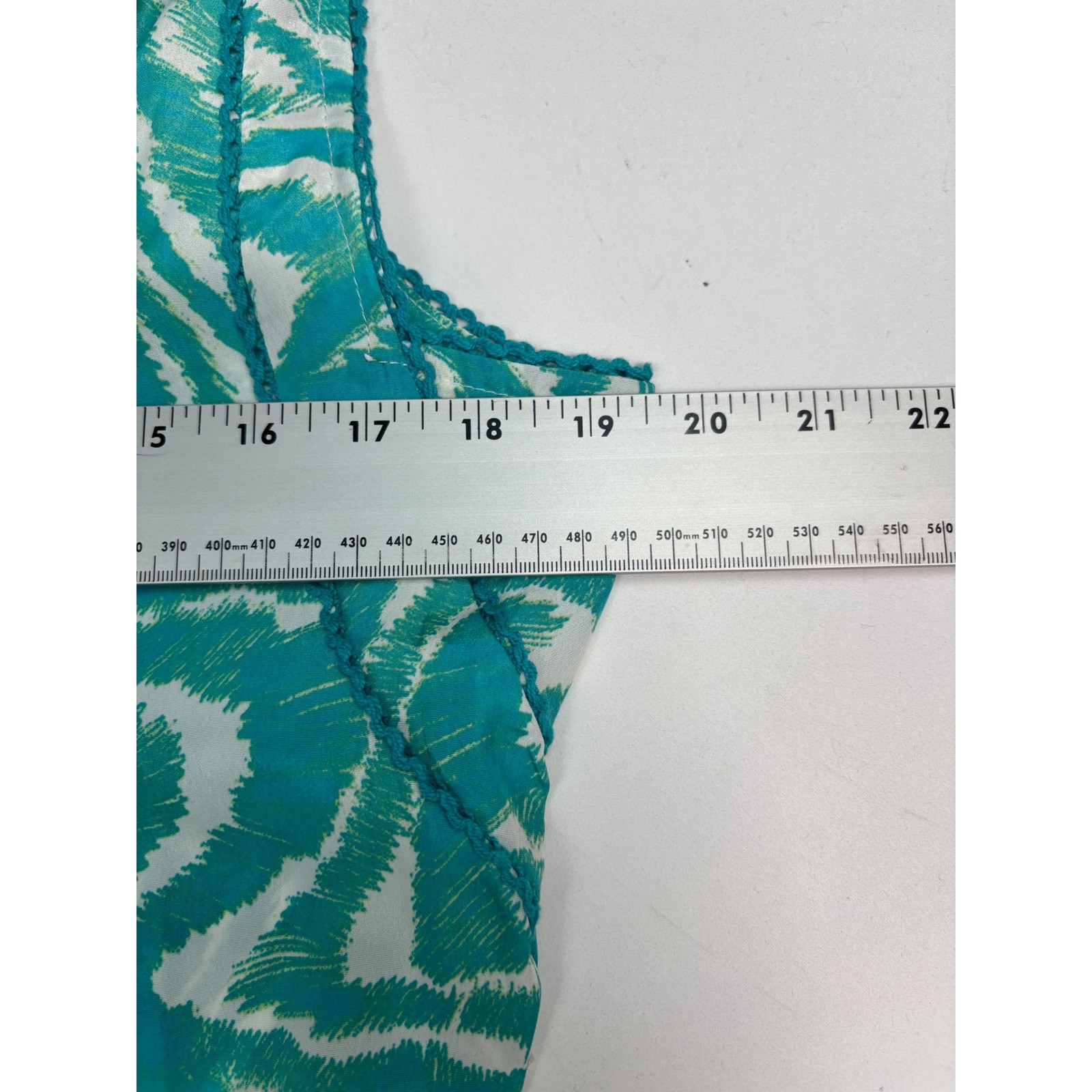 True Destinations Teal White Abstract Print Ruffle Tiered Maxi Dress Womens L