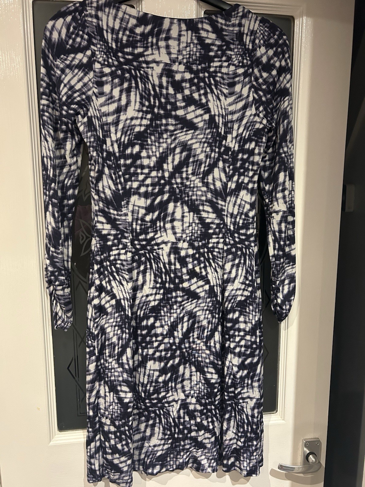 Ghost London Abstract Cowl Neck Midi Dress | Size 12 | Navy & White