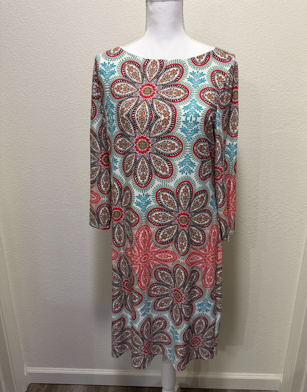 London Style Collection multi color 3/4 length sleeve sheath dress, size 14