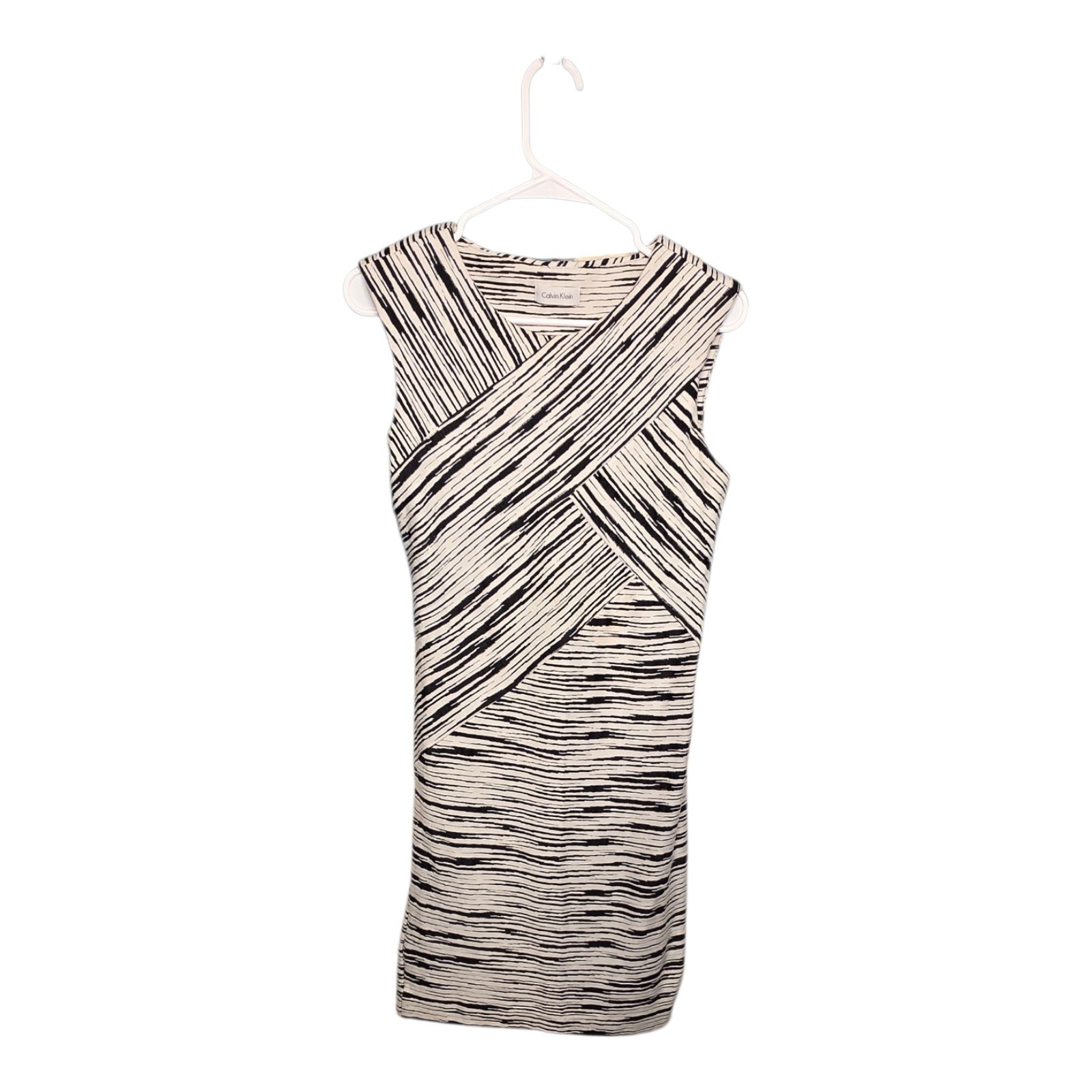 Calvin Klein Black/White Striped Sheath V-Neck Knee Length Sleeveless Zip 4
