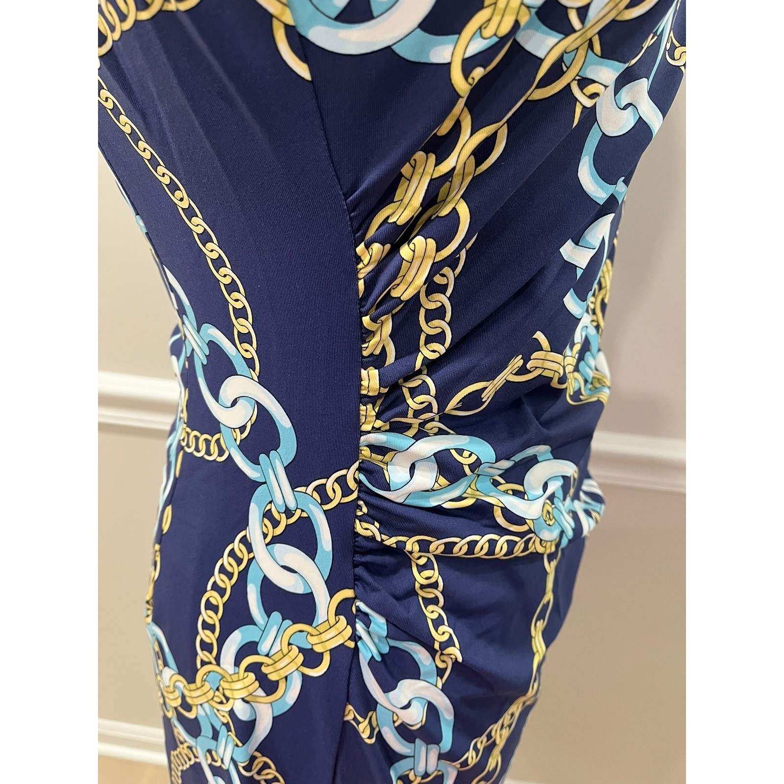 J.McLaughlin Navy Blue Gold Chain Link Print Ruched Sheath Dress Womens Medium