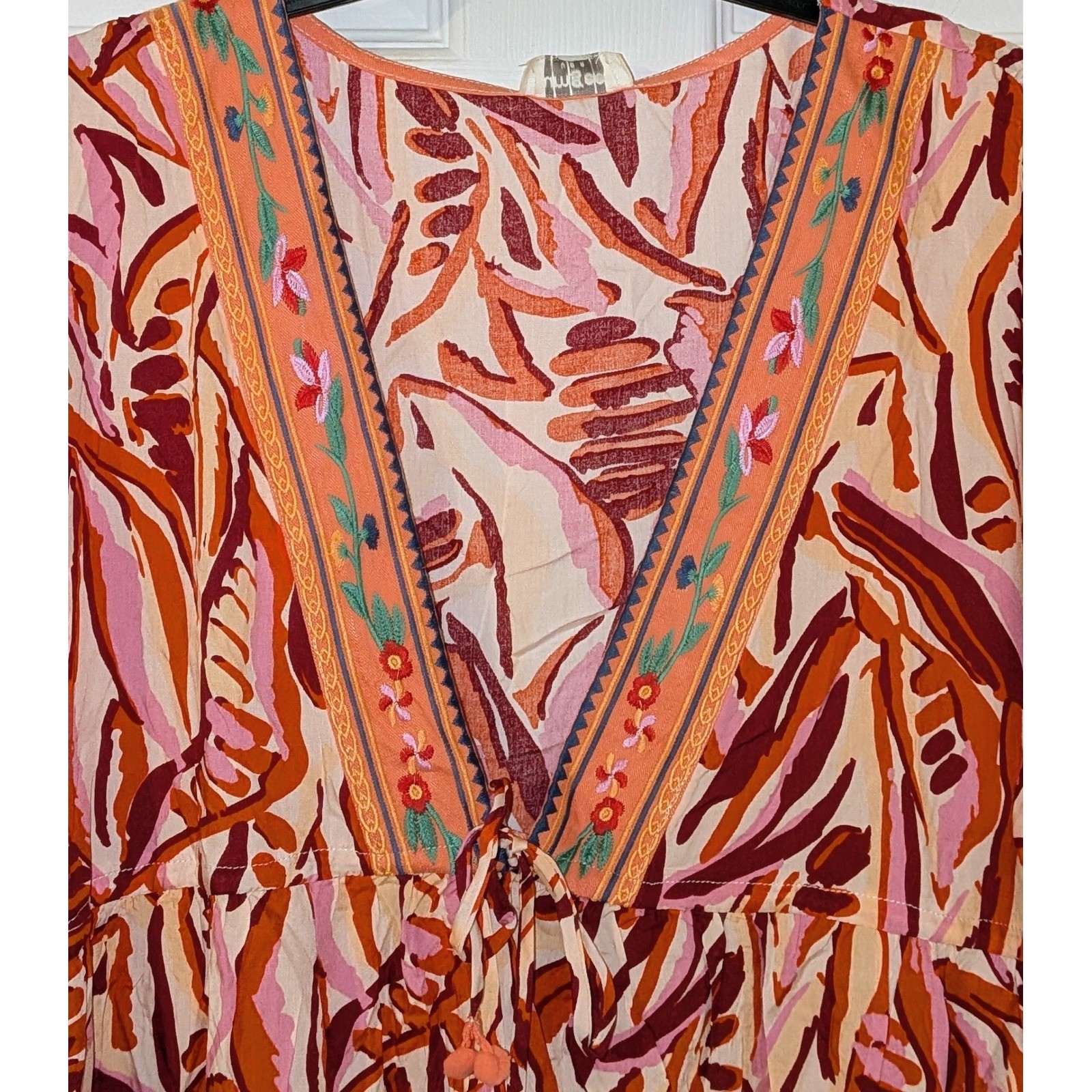 Umgee USA Abstract Leaf Print Embroidered V-Neck Boho Midi Dress L NWT $62