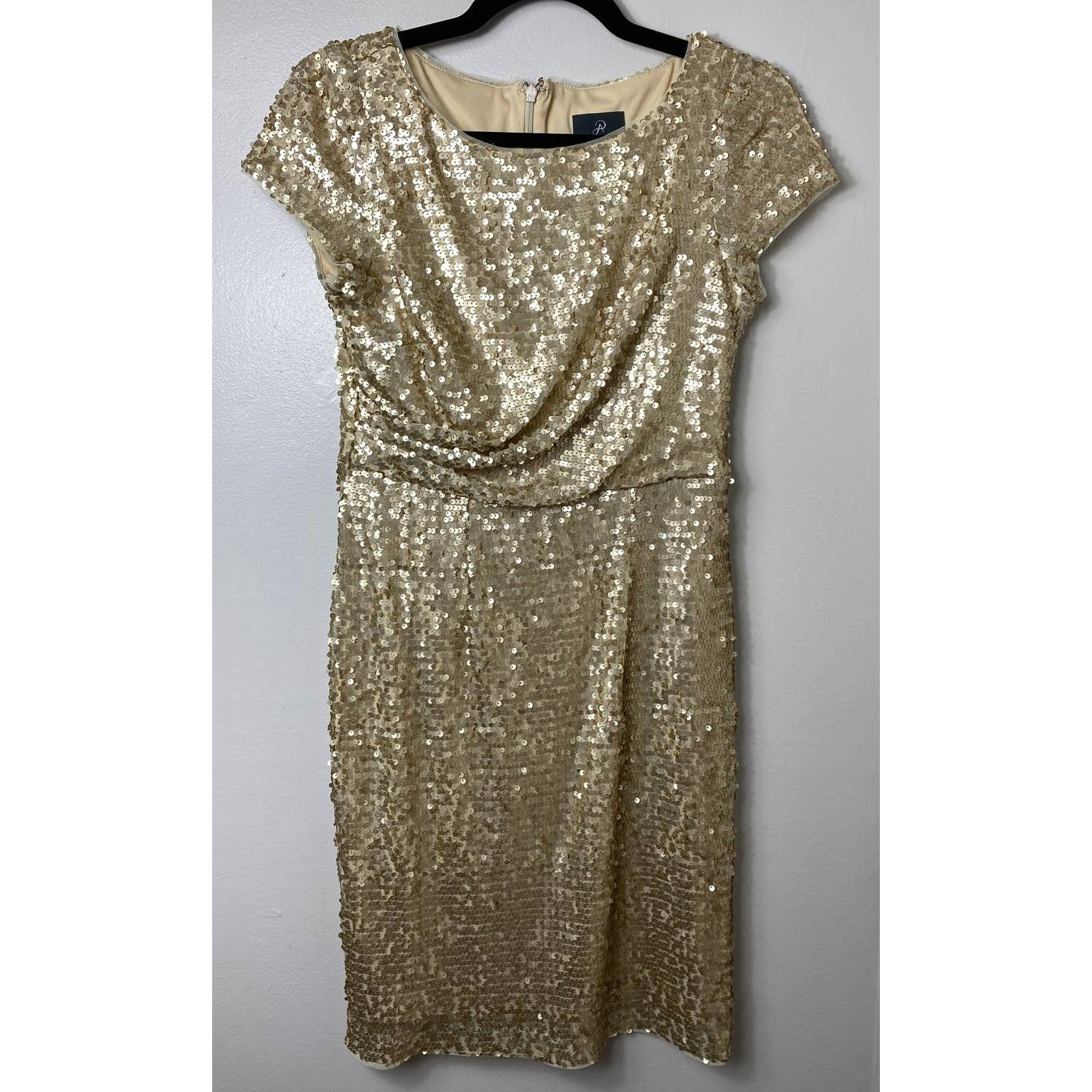 ADRIANNA PAPELL DRESS 4 SEQUIN GOLD MINI COCKTAIL MESH SHORT SLEEVE METALLIC