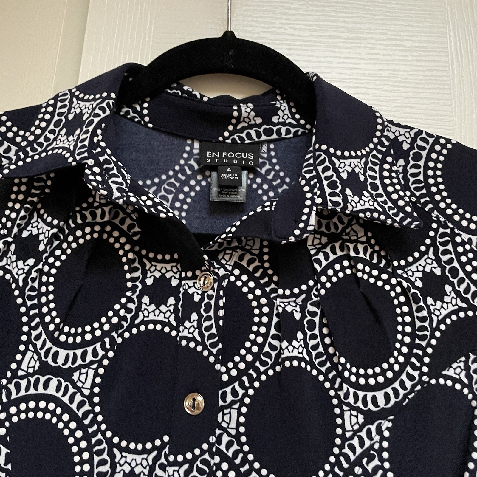 Enfocus Studio Classic Navy/White Print Fit Flair Dress Sz 4 Stretch Non-wrinkle