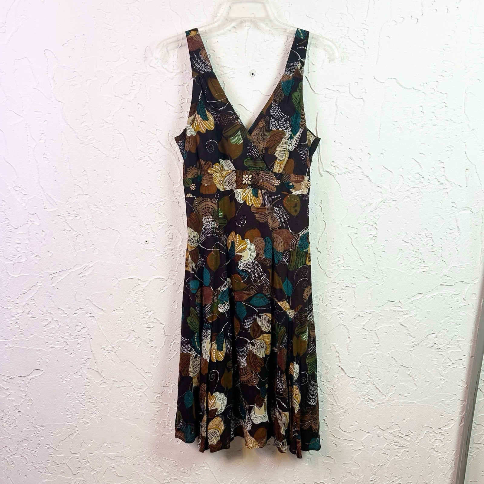 Vintage Brown Floral Beaded V-neck Knee Length Dress Size 10 Boho Hippie Fairy
