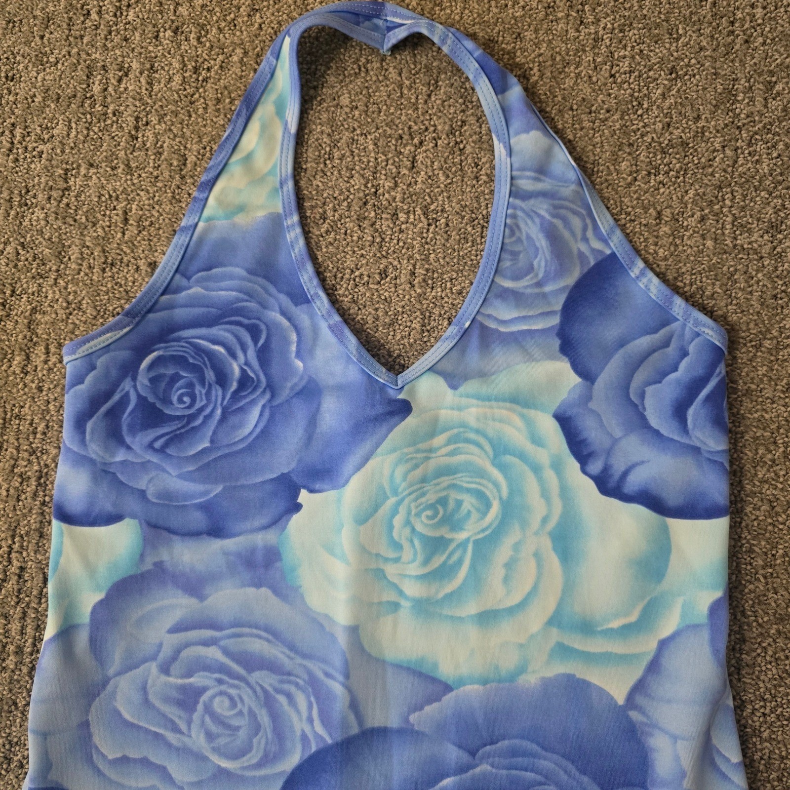 Vintage Y2K Beware Floral Blue Mini Dress Halter Coquette Size M