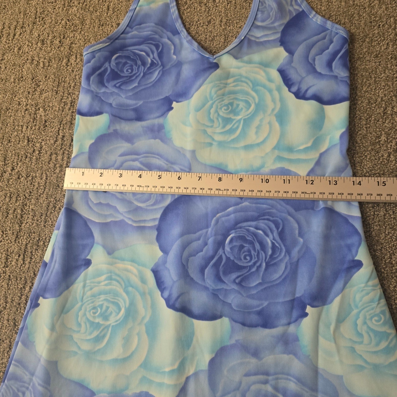 Vintage Y2K Beware Floral Blue Mini Dress Halter Coquette Size M