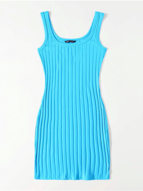 Mint Blue Scoop Neck Rib-knit Bodycon Pencil Casual Summer Dress Sz XS S M L XL