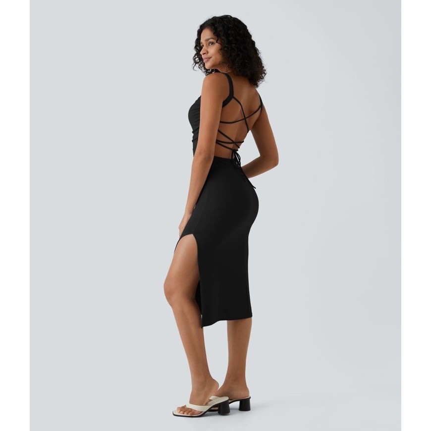 Halara Ruched Lace Up Bodycon Midi Dress Small Black NWT Side Slit Open Back