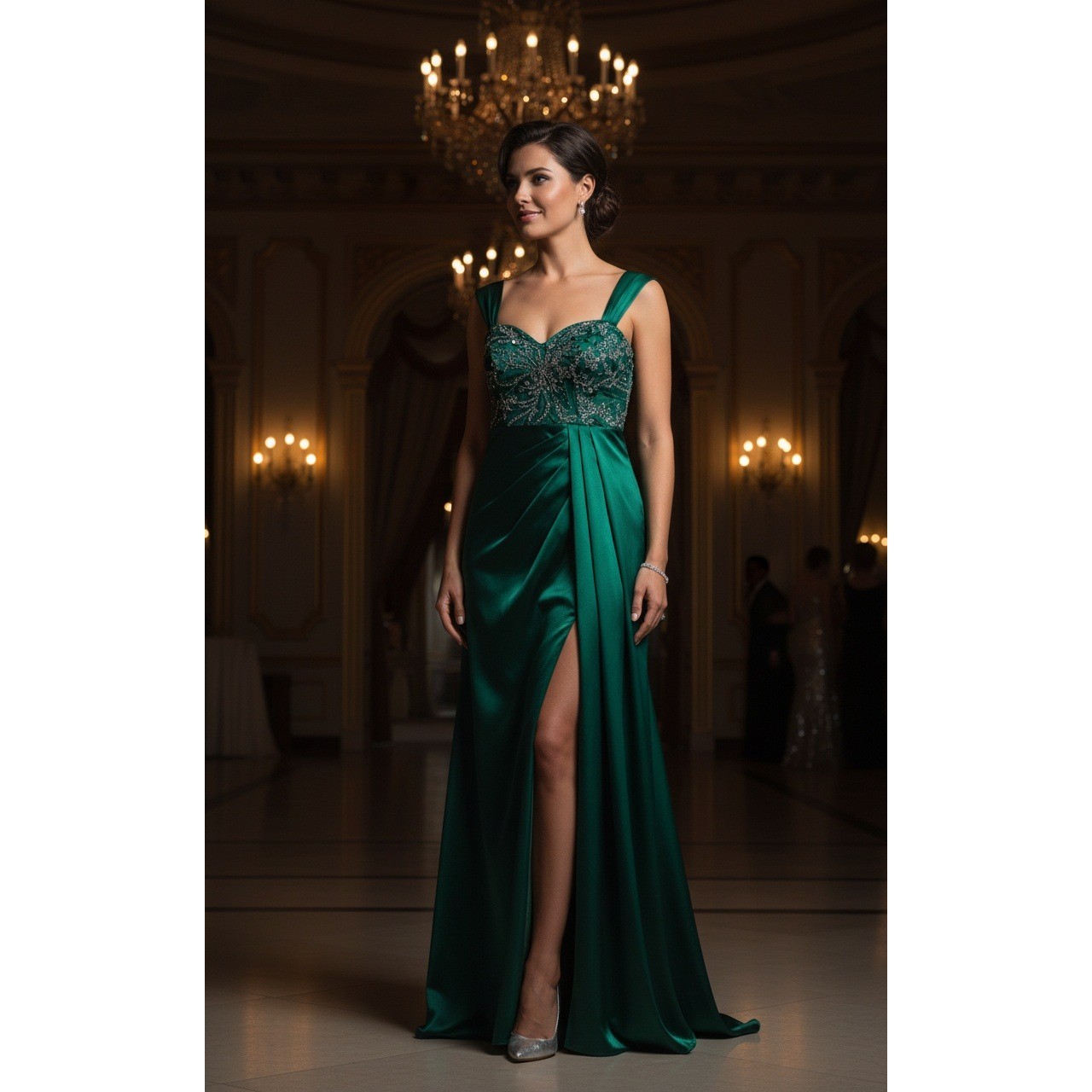 Ryanth Emerald Green Beaded Satin Evening Gown Corset Back High Slit Size 10
