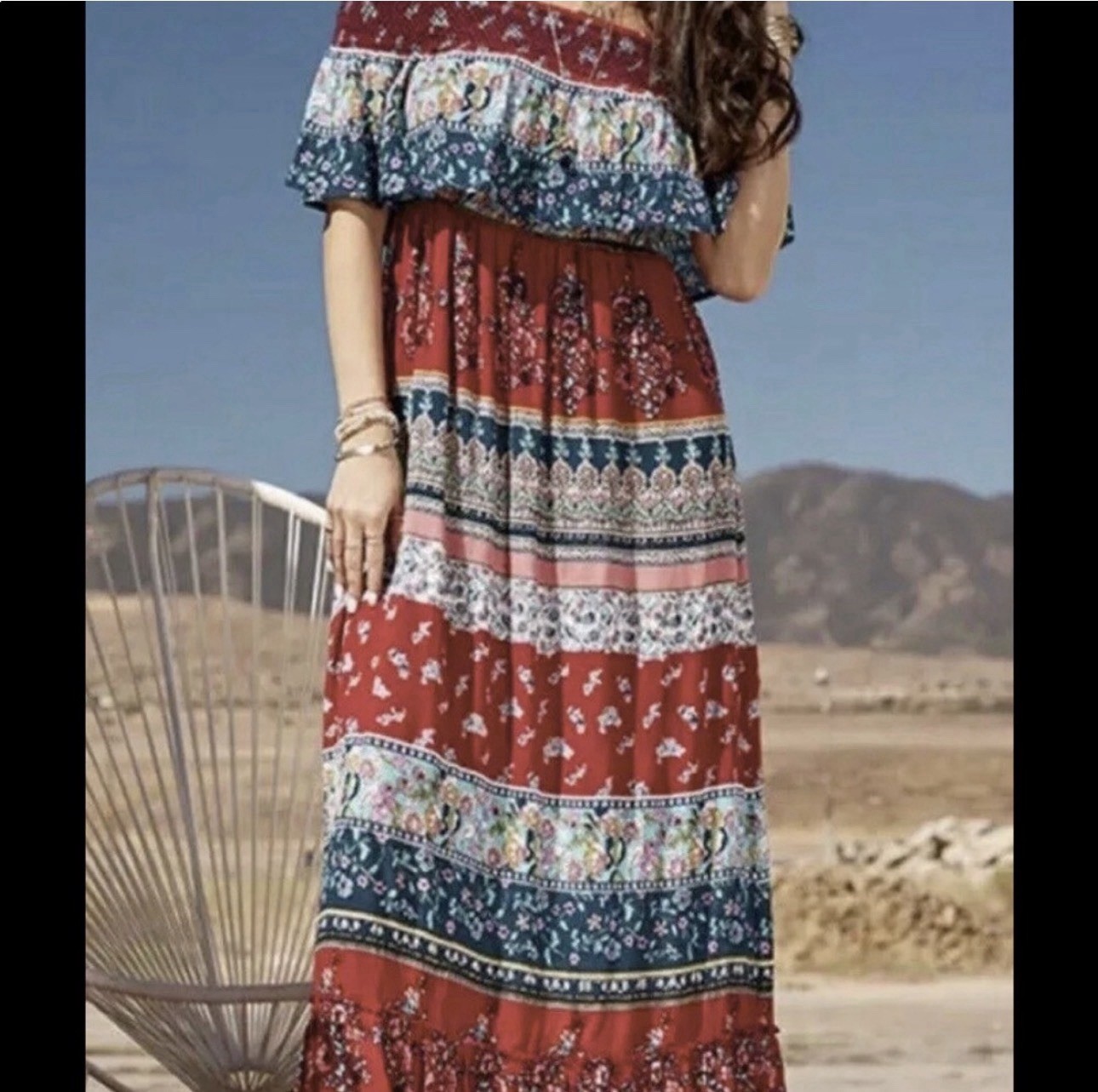 Altar’d State Off the shoulder Maxi Dress Red/Blue Floral Boho Print Sz S