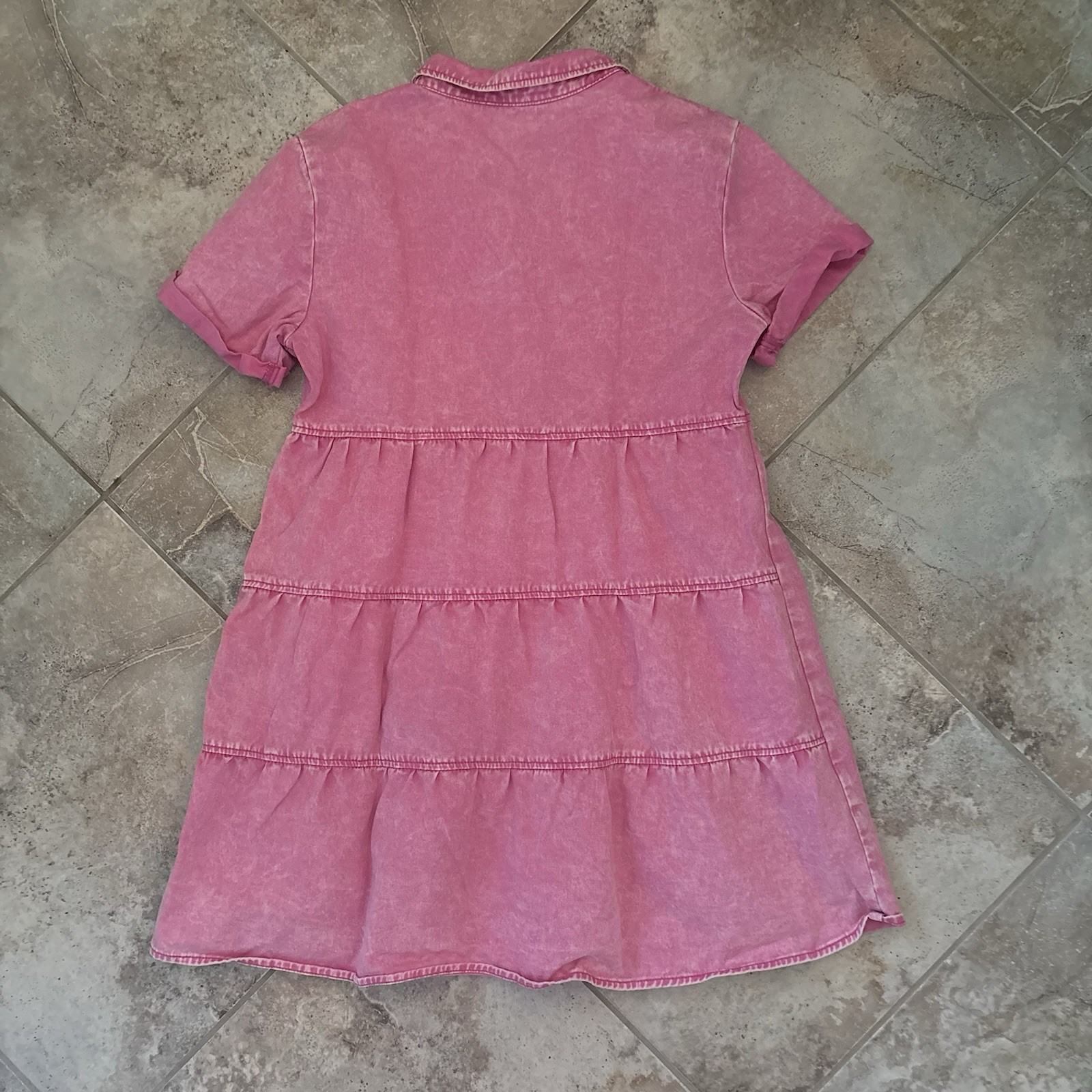 Button Up Pink Denim Tiered Dress Medium Babydoll Collared Distressed Barbie 90s
