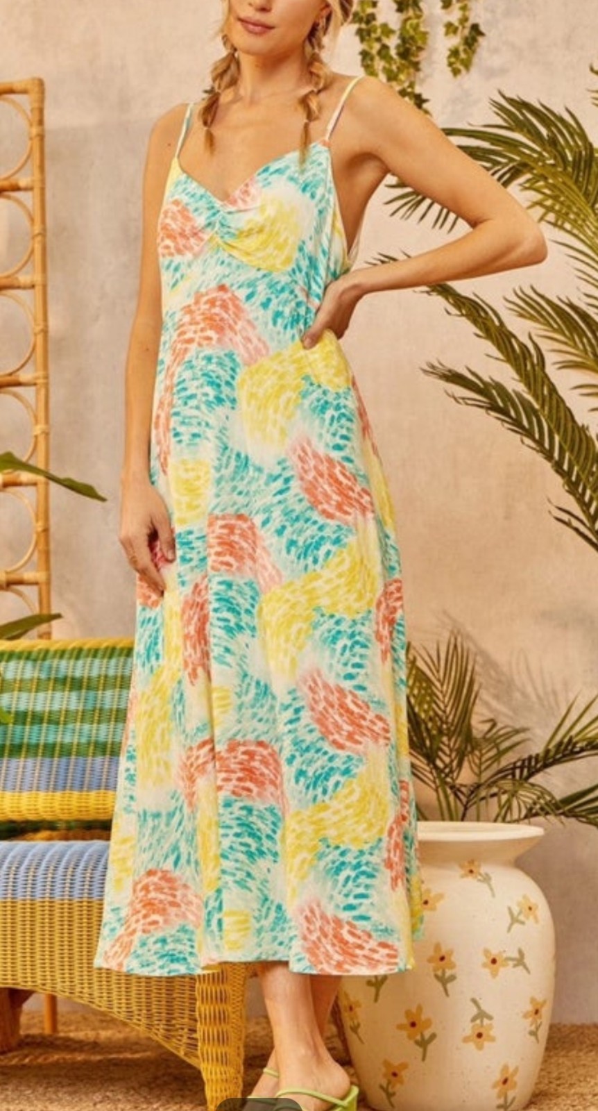 Emily Wonder Women’s Multicolor Abstract V-Neck Strappy Pullover Midi Dress Sz L