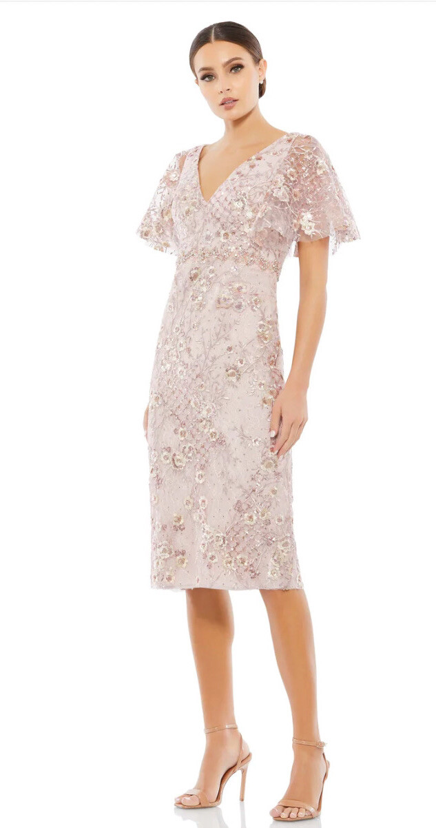 New Mac Duggal EMBELLISHED ILLUSION BUTTERFLY SLEEVE COCKTAIL DRESS Rose Pink 16