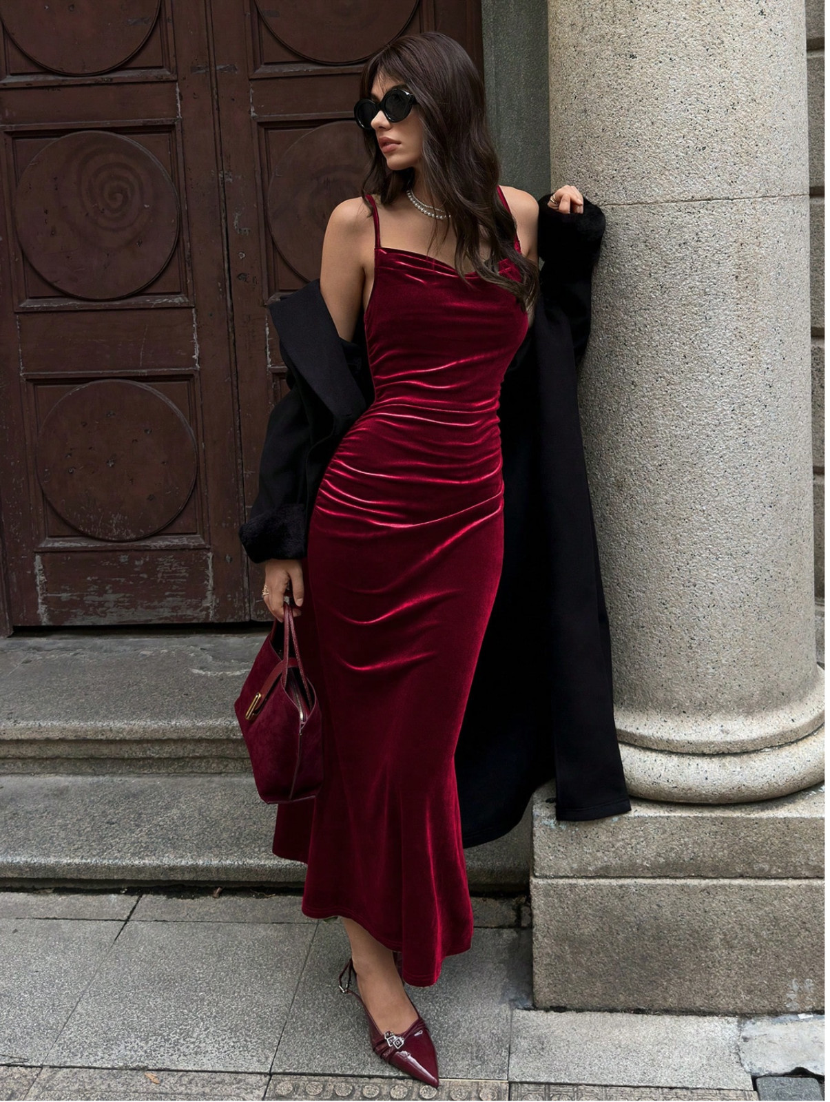 Burgundy MOD Solid Ruched Mermaid Hem Cami Dress Sz XS S M L