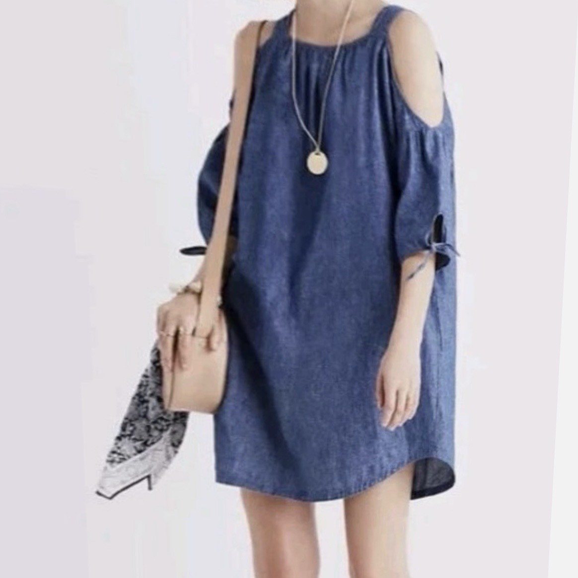 Madewell Blue Linen Blend Chambray Midi Shift Dress Cold Shoulder Relaxed Fit, M