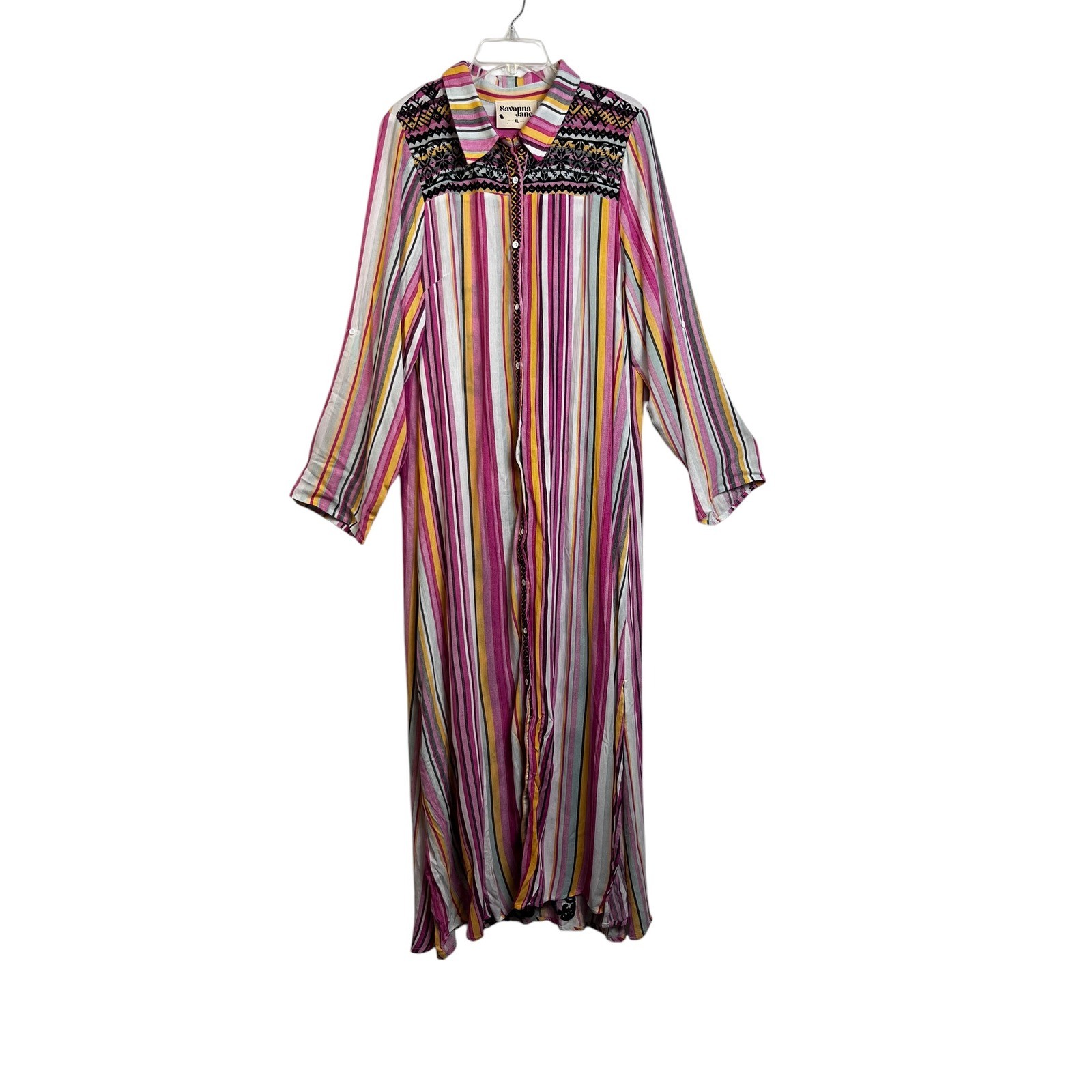 Savanna Jane XL Striped Embroidered Maxi Shirt Dress Pink Yellow Boho M93084