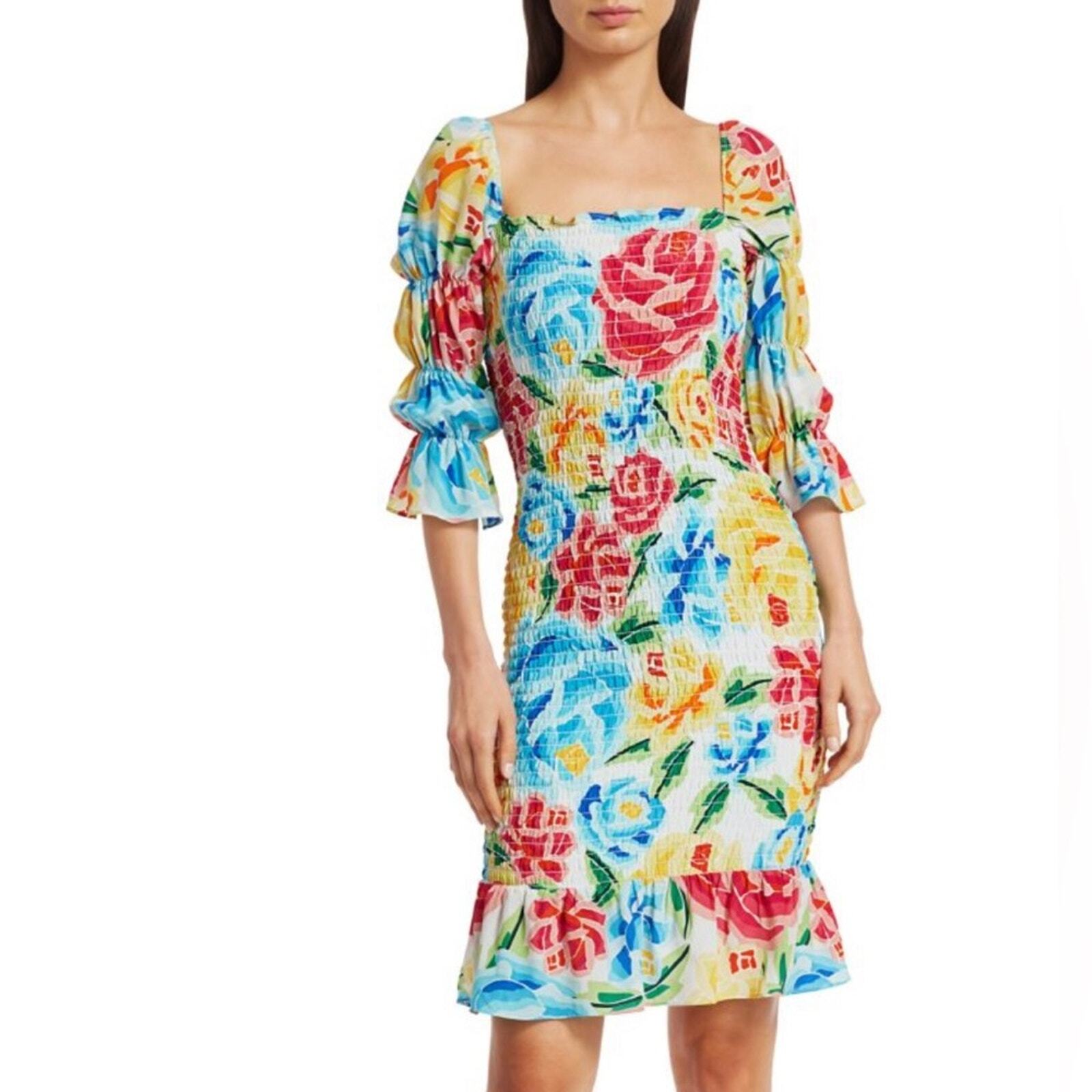 ALL THINGS MOCHI Mariana Shirred Silk Floral Dress Size S
