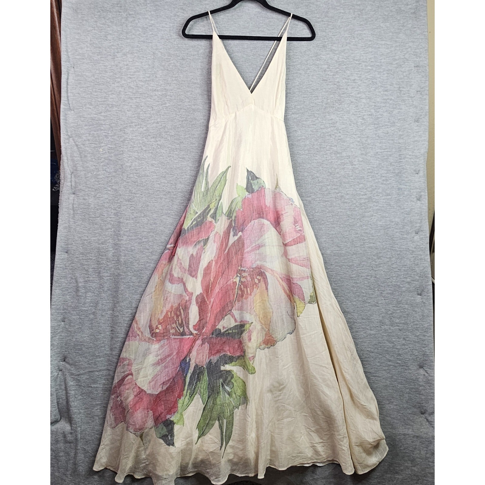 Lulus Garden Cream Floral Print V-Neck Backless Maxi Dress Sz S