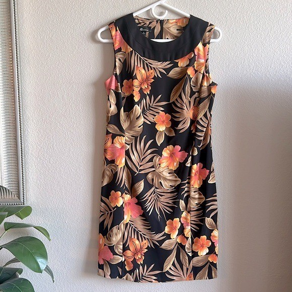 AB Studio Womens Tropical Floral Sheath Dress Black Orange Palm Leaf Size 8