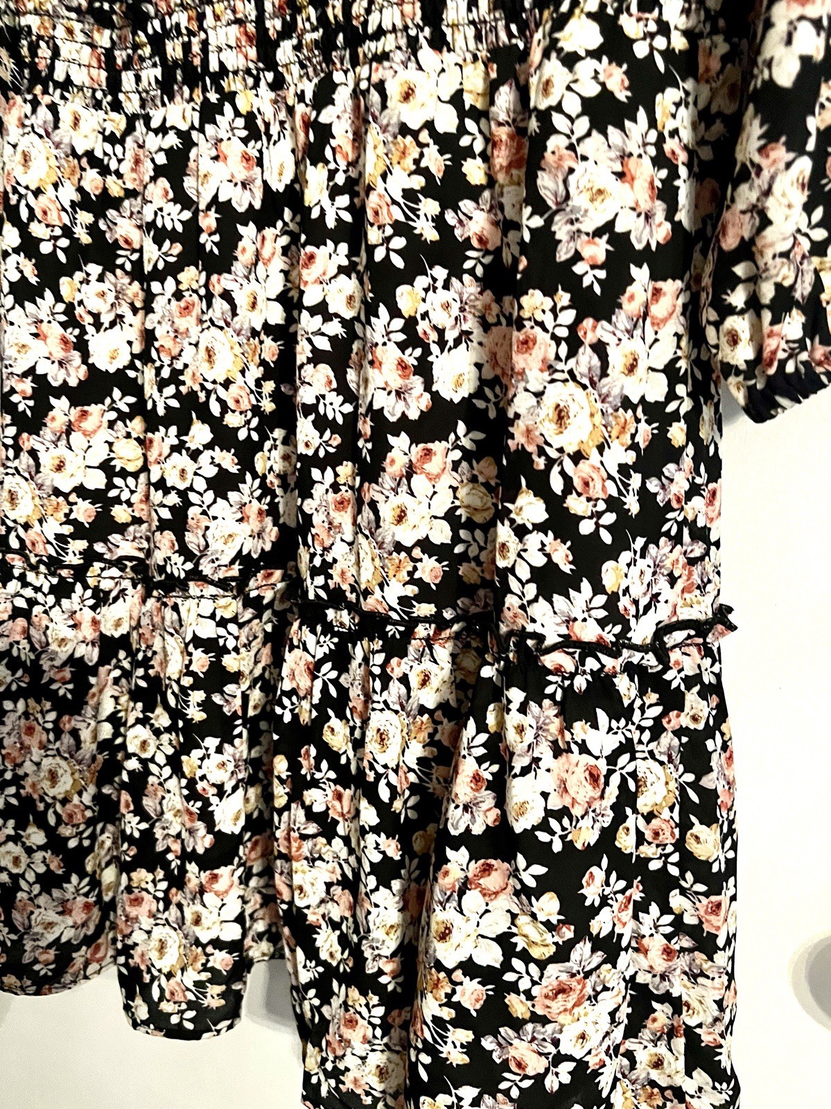 Drew Black White Pink Floral Long Sleeve Tie Neck Smocked Short Dress XS