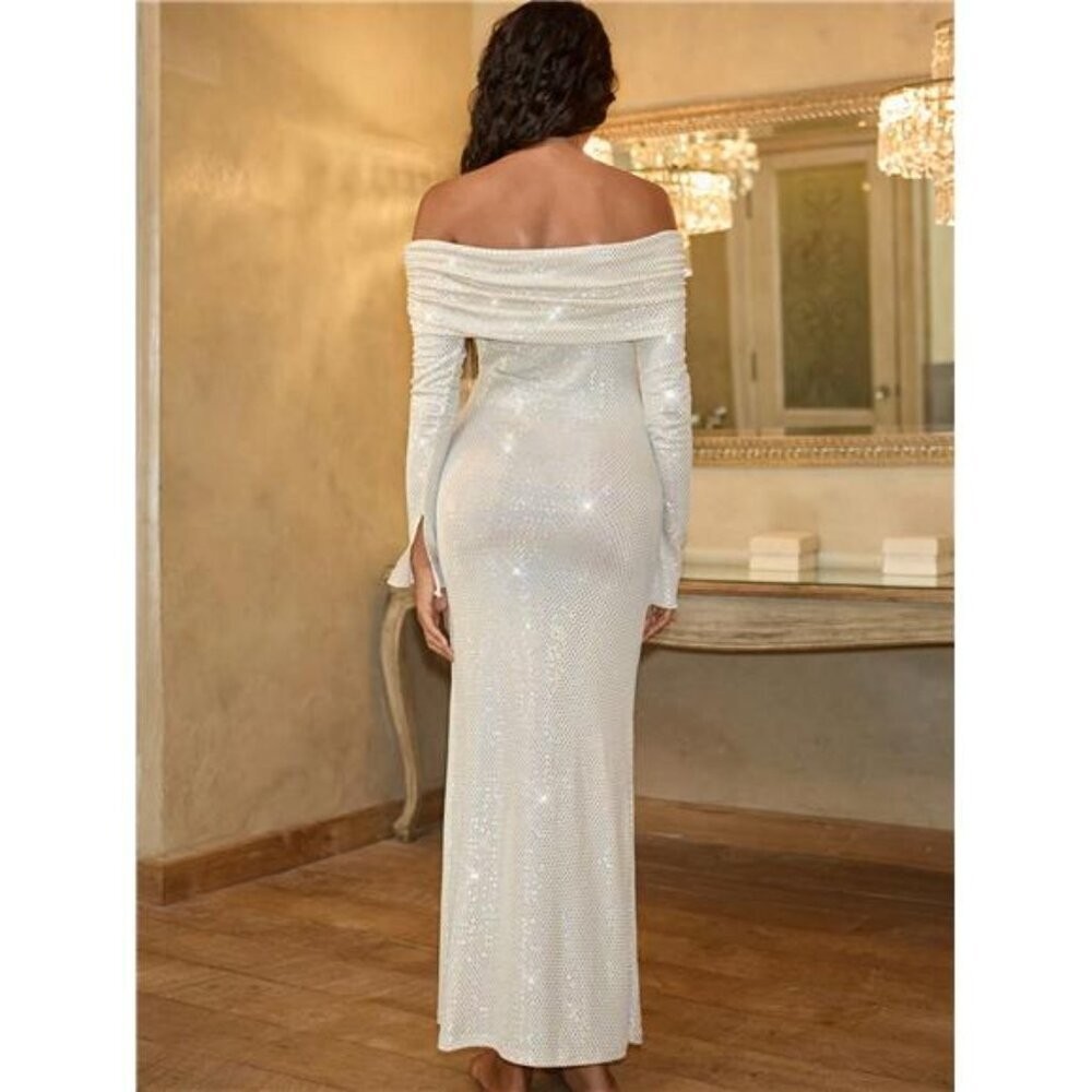 Glitter Sequin White Knitted Mesh Long Sleeve Off-Shoulder Bodycon Dress Size XL