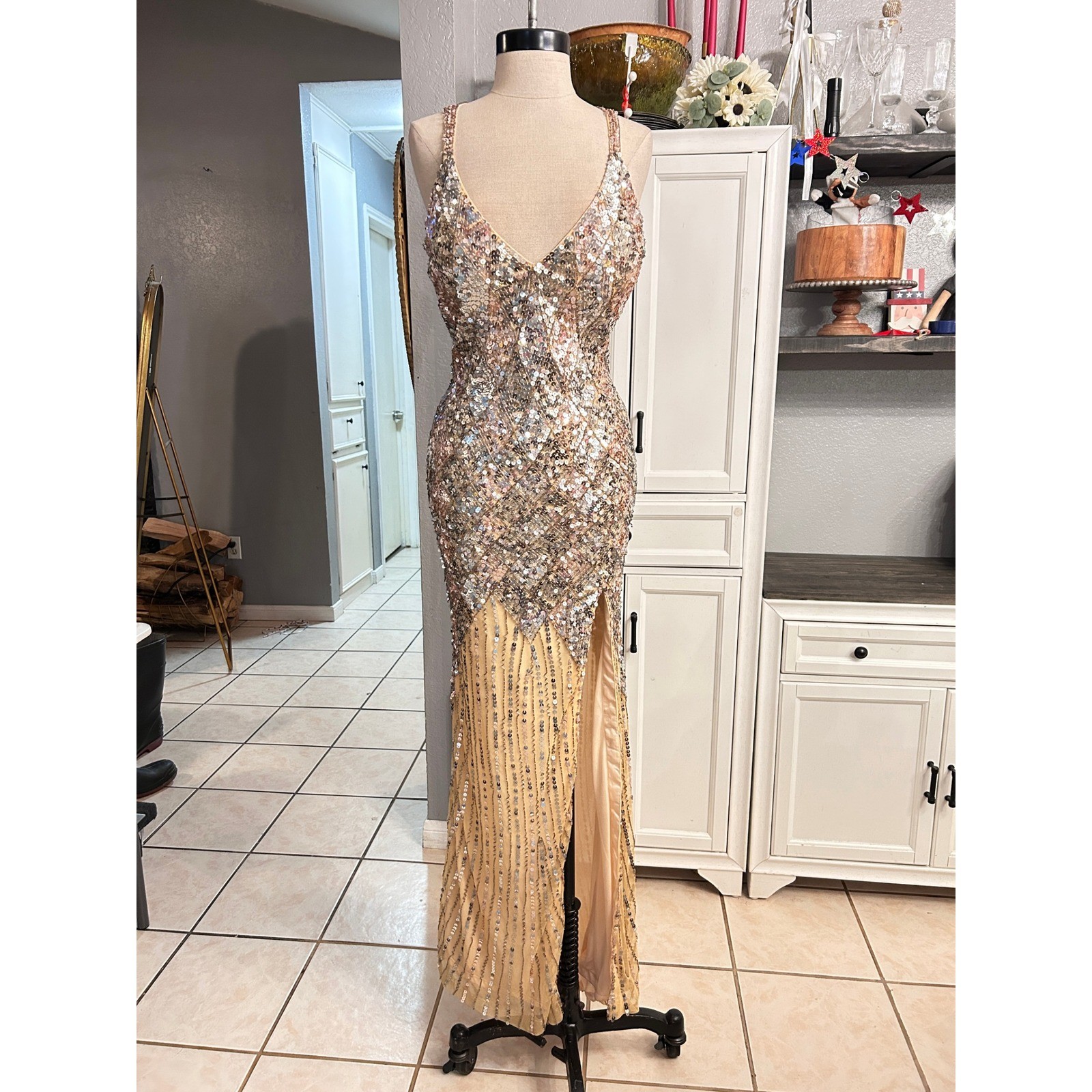 Gold Silver Sequin Formal Gown High Slit Maxi Dress MEDIUM Holiday Prom Party