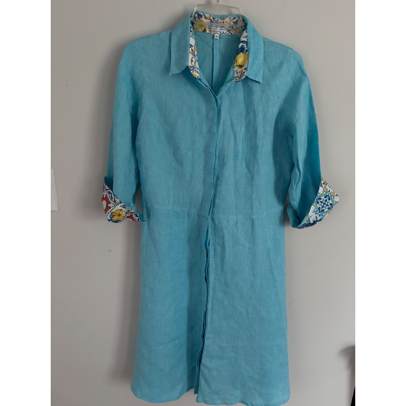 L’Ago Magico Anacapri Linen Shirt Dress Turquoise Blue Made in Italy Womens L
