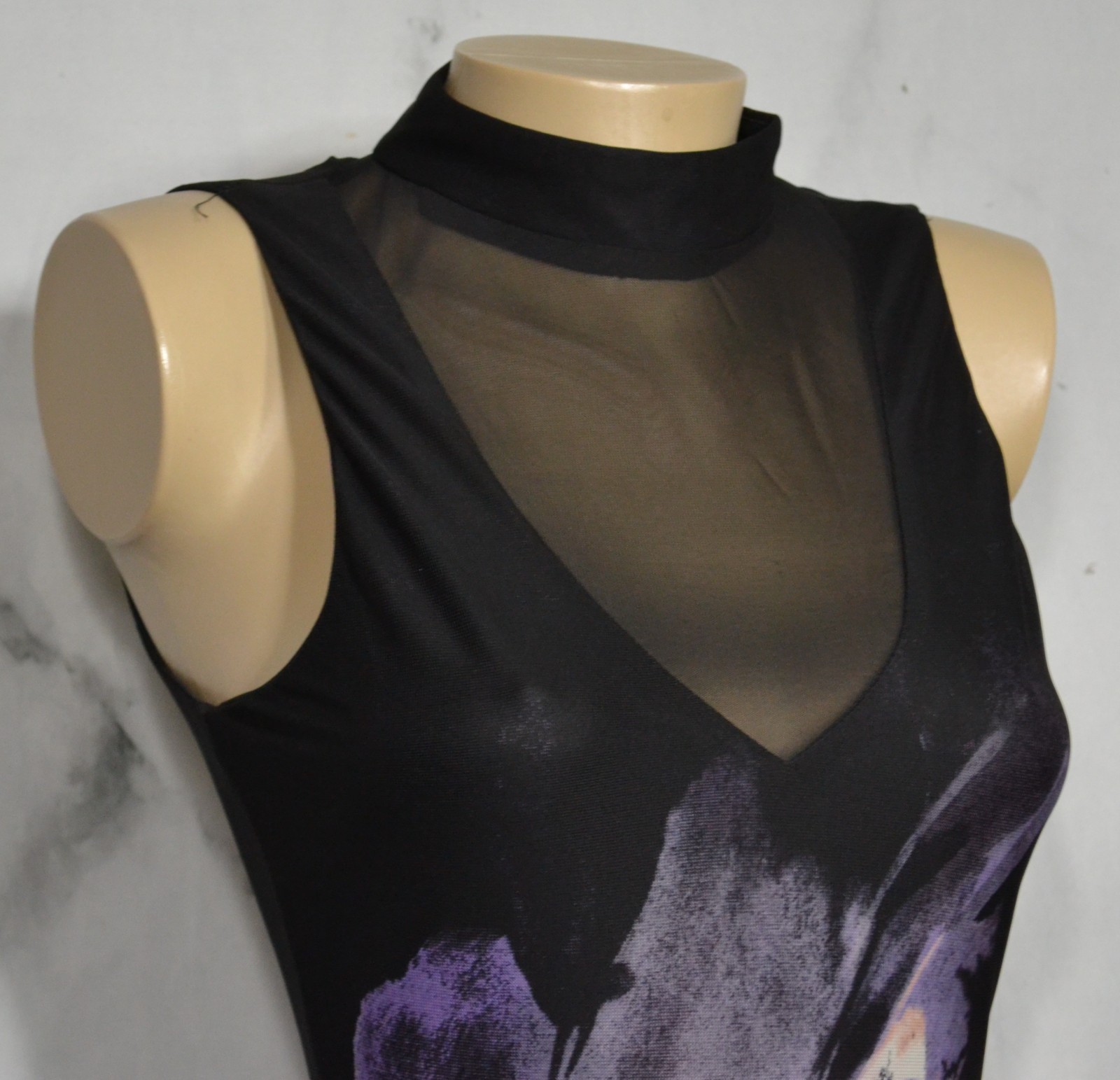 VENUS Black Multicolor Floral Sleeveless Dress XS High Neckline Sheer V Open Bck