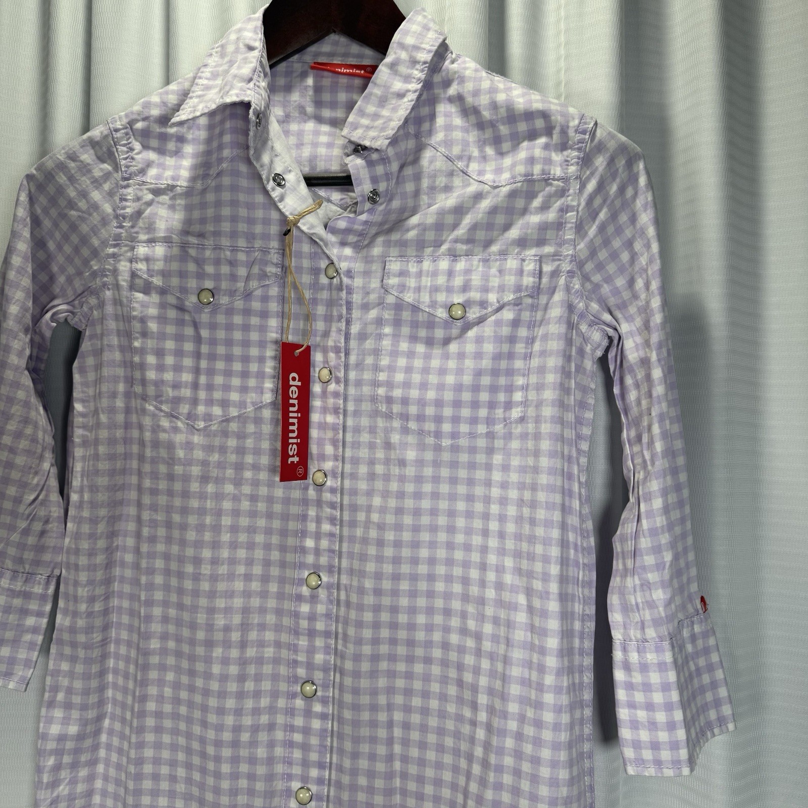 NWT Denimist Cowboy Maxi Dress Gingham Lilac Womens Size XS Western Pearl Snap