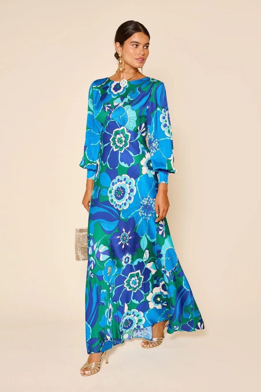 NWT RIXO Marni $785 Backless Satin Gown – Miami Floral Emerald L/US 10/UK14/EU42