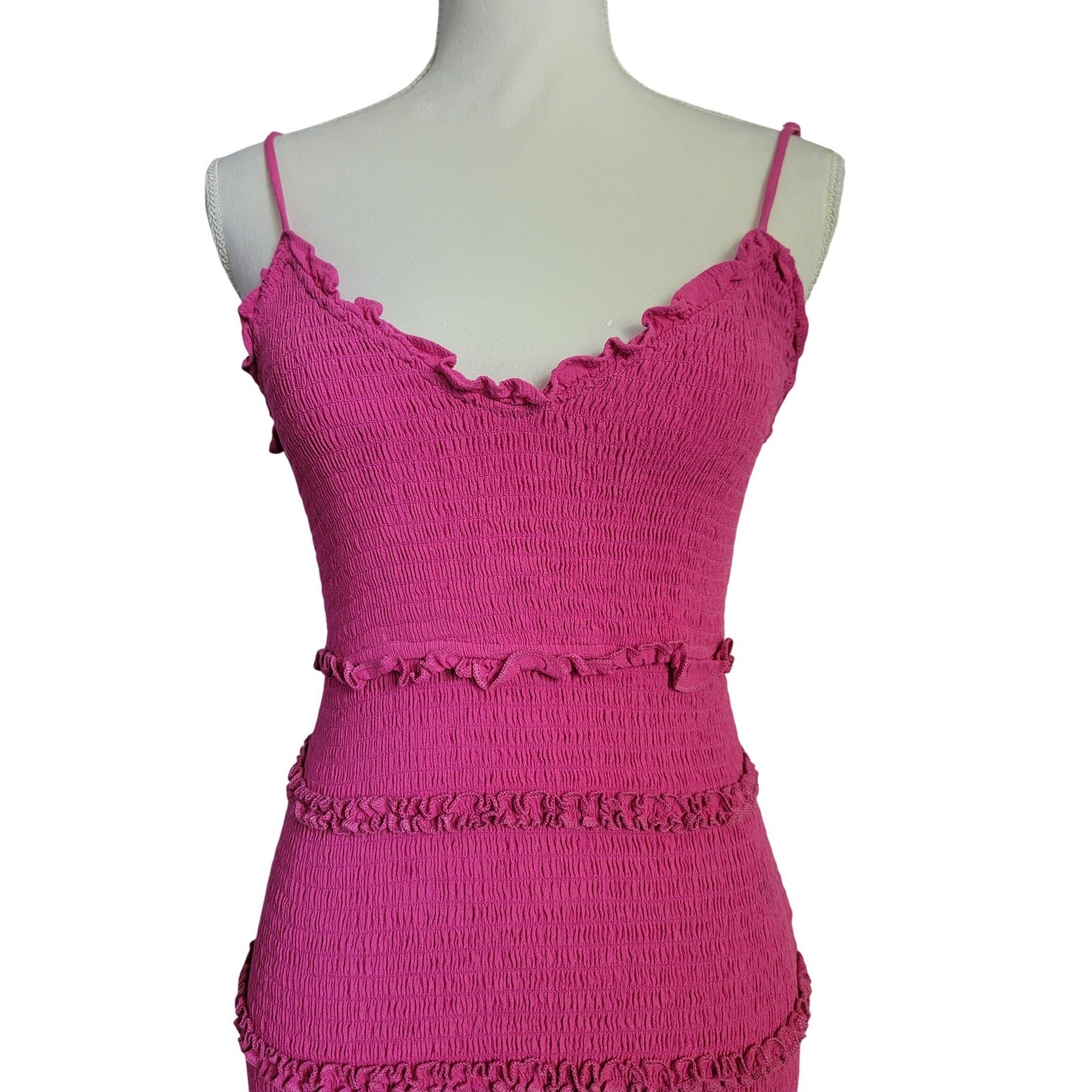 Pookie & Sebastian Pink Smocked Ruffle Sleeveless Tiered Casual Mini Dress Small